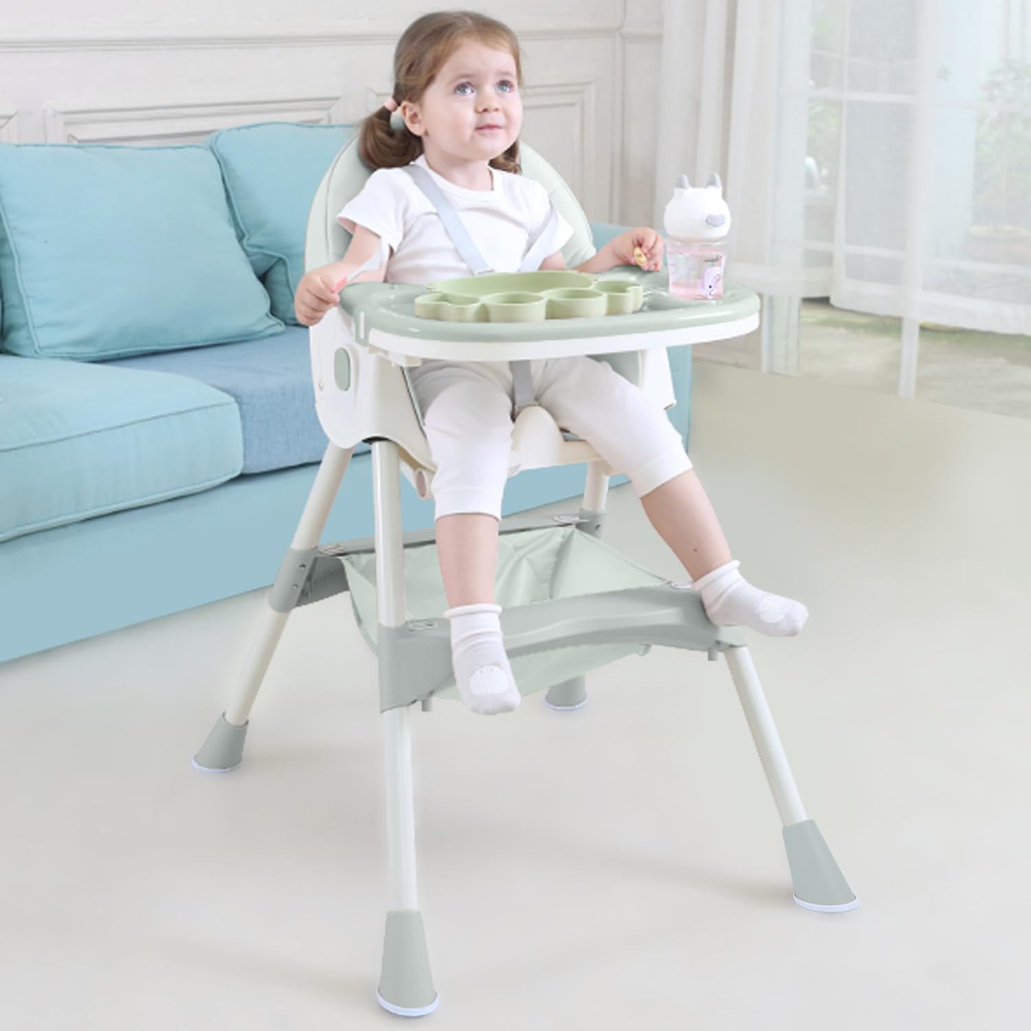 4 in 1 Foldable Baby High Chair with Removable Tray, Safety Belt, Adjustable Footrest & Wheels - Convertible Toddler Feeding Chair for Dining, Travel & Home Use - Green