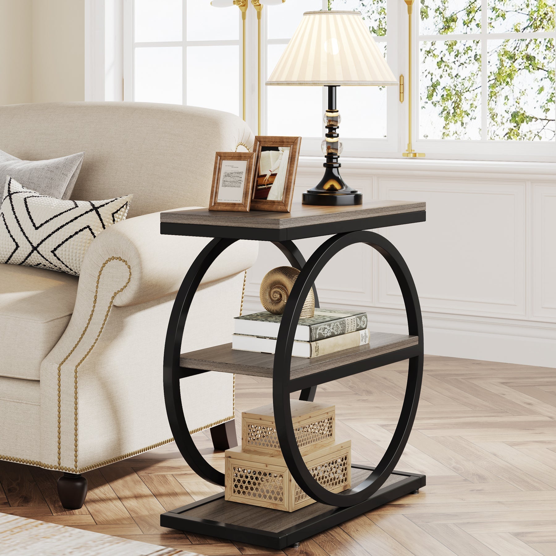 3 Tier End Table with Round Metal Frame - Industrial Style Sofa Side Table for Living Room, Bedroom & Office - Sturdy & Space-Saving Home Decor