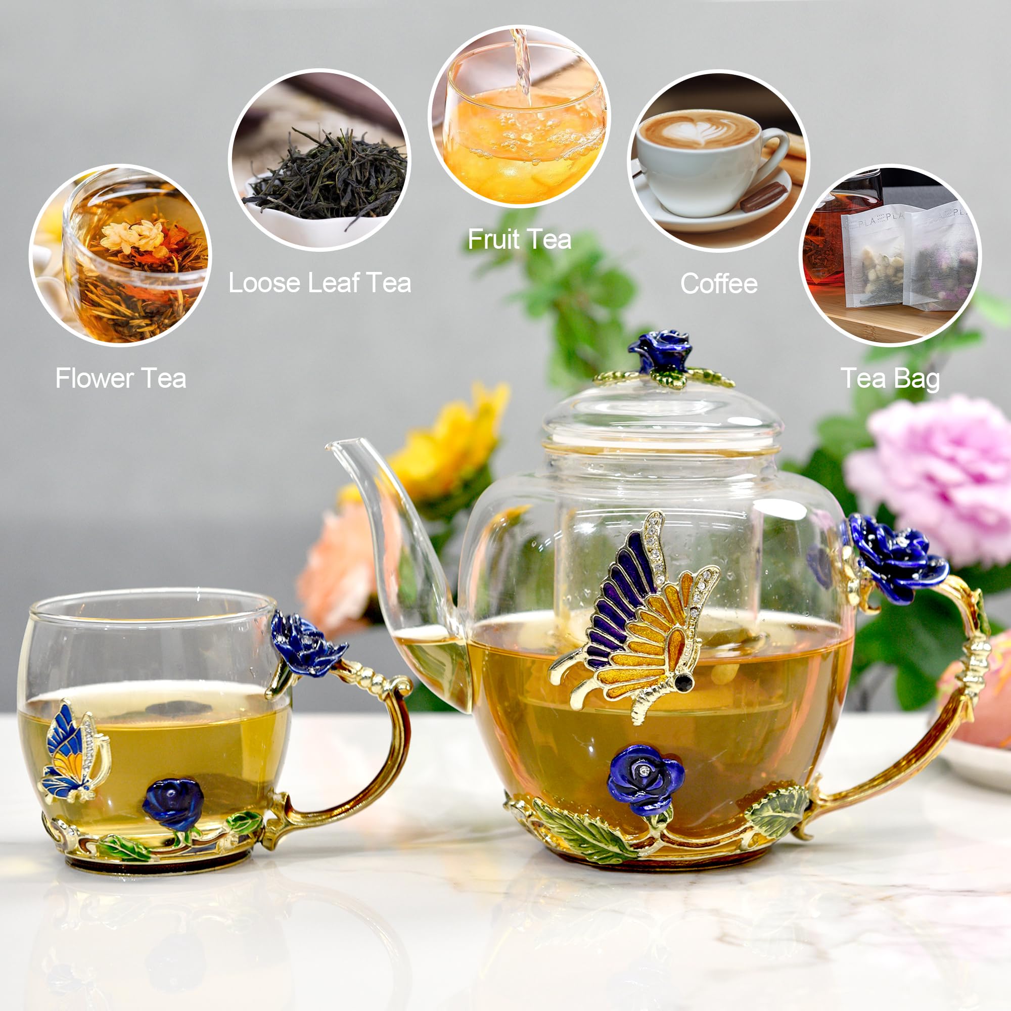 46oz/1300ml Blue Rose Enamel Glass Teapot with Infuser & Lid - Floral Butterfly & Gold Trim Design - Perfect Gift for Mom, Women, Mother's Day & Birthday - Ideal for Tea Parties, Afternoon Tea & Home Decor
