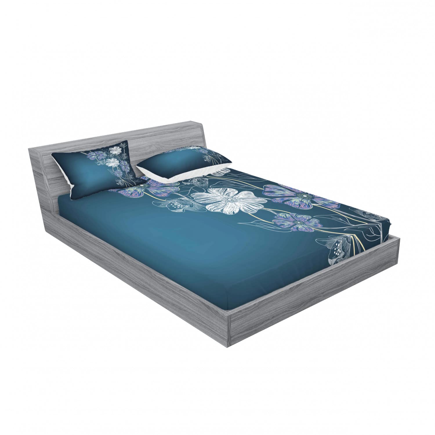 Ambesonne 2-Pack Queen Size Fitted Sheet & Pillow Sham Set - Cherry Blossom Bridal Floral Pattern Bedding (4-Piece Set, Petrol Blue Lavender) for Master Bedroom, Guest Room & Wedding Decor