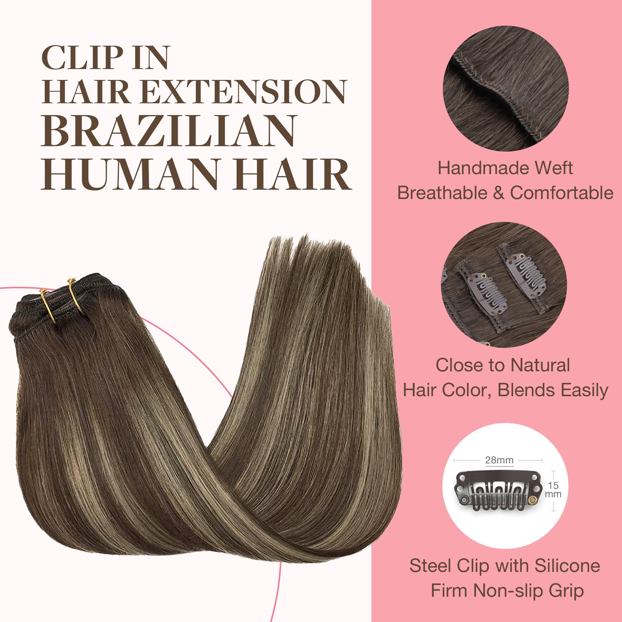 GOO GOO Clip in Hair Extensions 20inch 7Pcs - 100% Remy Human Hair Extensions for Women, Natural 4/26/4 Balayage Chocolate Brown to Honey Blonde (120g) - Perfect for Daily Styling, Parties & Special Occasions