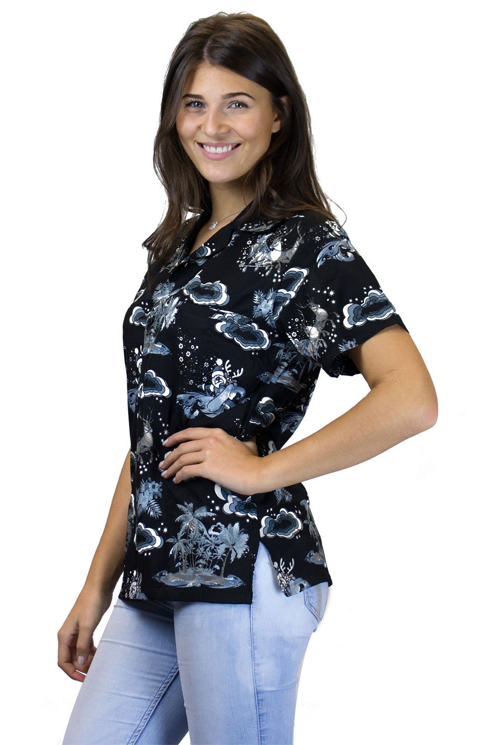 KING KAMEHA Hawaiian Shirt - Funky Tropical Print Aloha Shirt for Men & Women - Christmas Island Design in Monogrey - Size L - Perfect for Beach Parties, Luaus & Summer Vacations