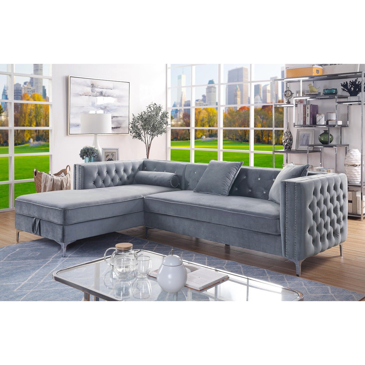 Celeste Grey 2-Piece Sectional Sofa with Left Side Storage Chaise - Modern L-Shaped Couch for Living Room, Family Room & Small Spaces