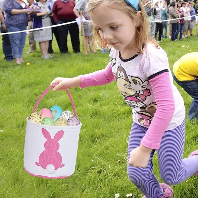 OneCut Easter Bunny Basket Bags with Fluffy Tail - Cute Kids Easter Egg Hunt Baskets, Party Decorations & Toys for Boys & Girls - Perfect for Easter Celebrations, Egg Hunts & Spring Party Favors (Pink)