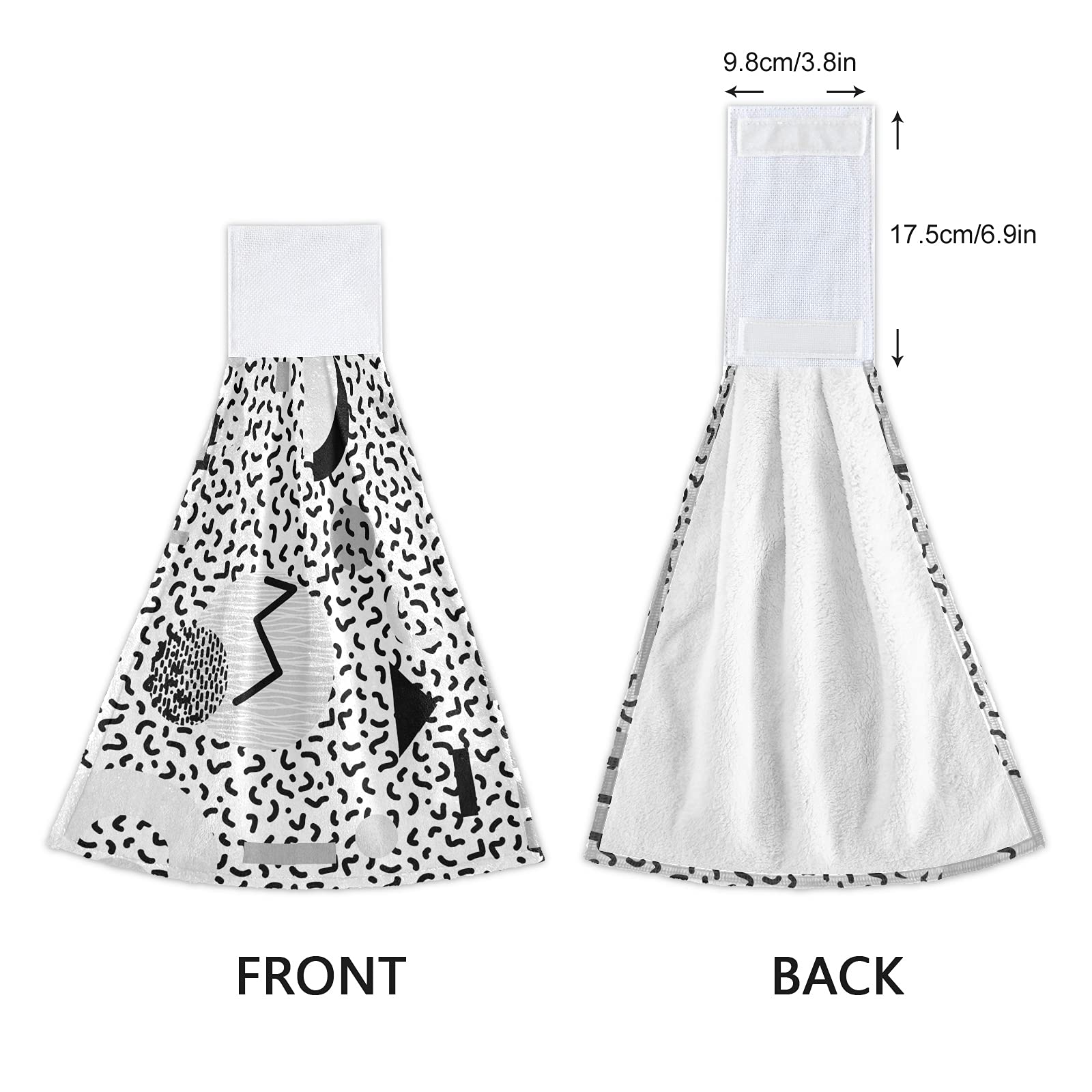 80s 90s Memphis Style Geometric Black White 2-Piece Hanging Kitchen Hand Towel Set - Soft Fast-Drying Bath & Dish Towels with Hook & Loop for Home, Kitchen, and Bathroom Use - Perfect for Cooking, Cleaning, and Decor