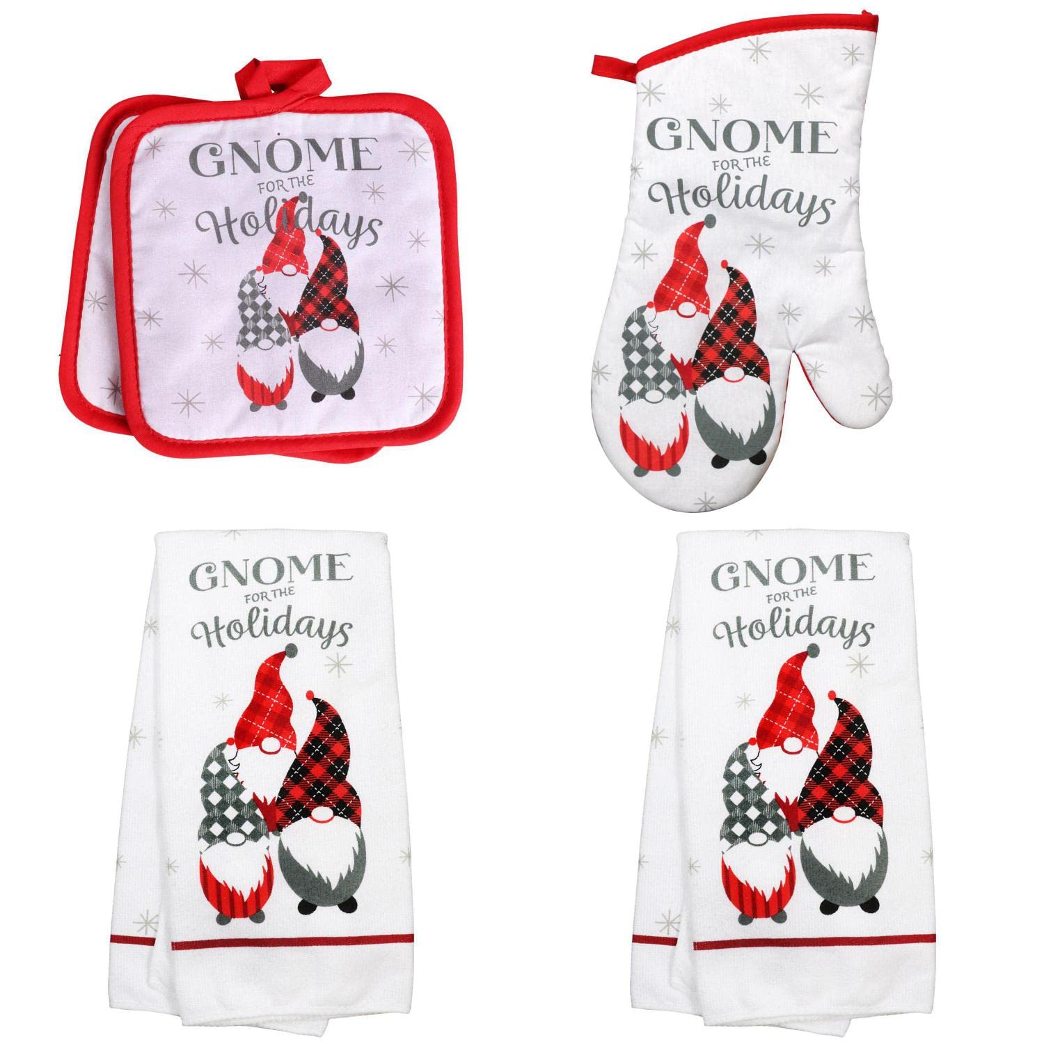 Festive Gnome Christmas Kitchen Linen Set - 1 Oven Mitt, 2 Pot Holders & 2 Dish Towels - Holiday Decor & Baking Essentials for Cozy Home Cooking & Gift Giving