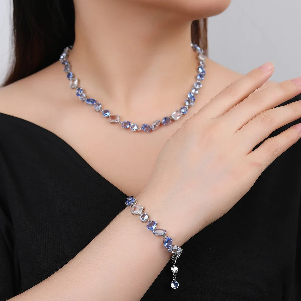 Elegant CZ Blue Cubic Zirconia Jewelry Set for Women - Necklace & Bracelet Combo for Wedding, Party & Special Occasions | Perfect Gift for Her | CN11078