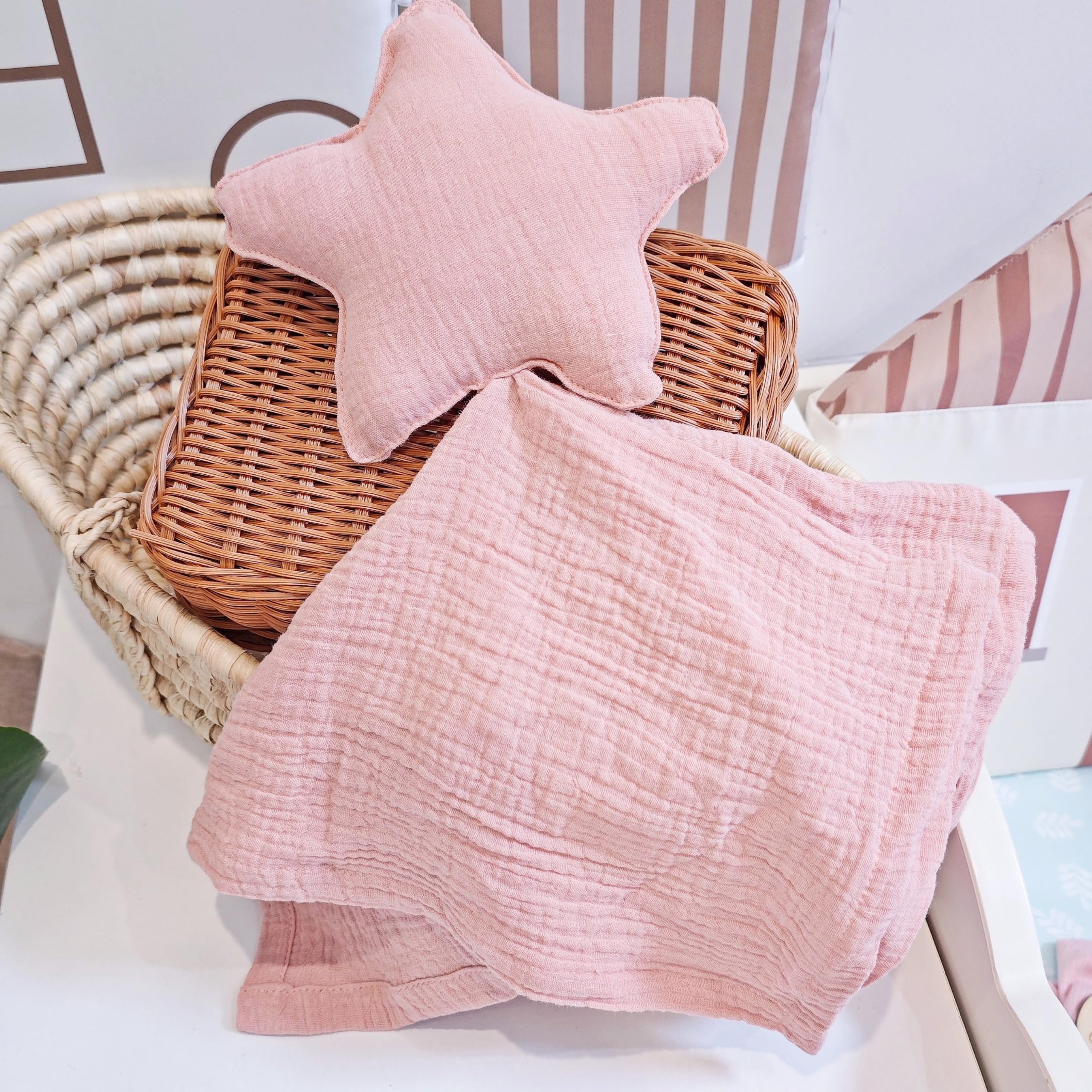 8-in-1 Newborn Baby Gift Set for Girls & Boys - Soft Star Security Blanket, Cotton Blanket, Baby Rattle & Wooden Milestone Cards (Pink) | Perfect Baby Shower Gift, Welcome Basket & First Birthday Present