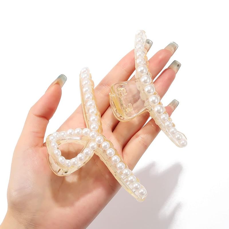 FAMEZA 2 Pack Transparent Banana Jaw Hair Clips - Pearl Hair Claw Barrette for Women & Girls, Strong Hold Hair Clamps for Ponytails, Buns & Updos - Fashion Hair Accessories (Pack of 2)