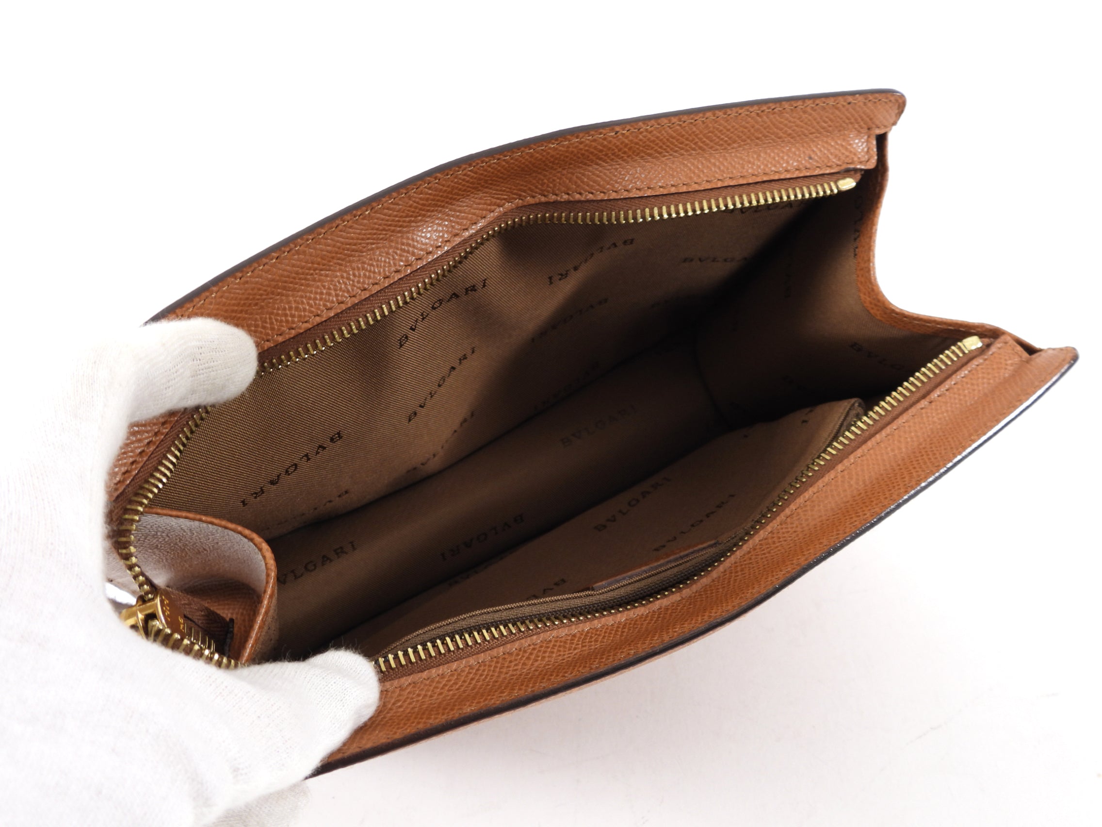 Bvlgari Cognac Brown Leather Travel Pouch - Luxury Zip Toiletry Bag for Men & Women - Perfect for Travel, Gym, and Everyday Essentials