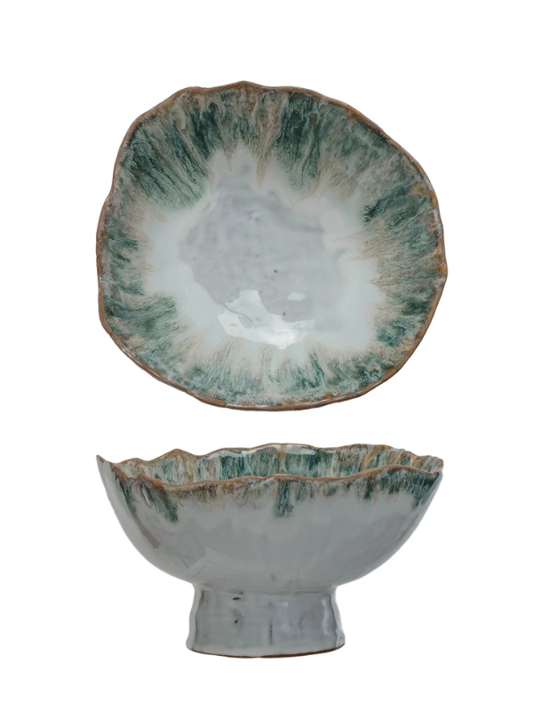 Elaina & Kyle Wedding Registry Stoneware Footed Bowl with Green Accent - Elegant Serving Bowl for Weddings, Dinner Parties & Home Decor