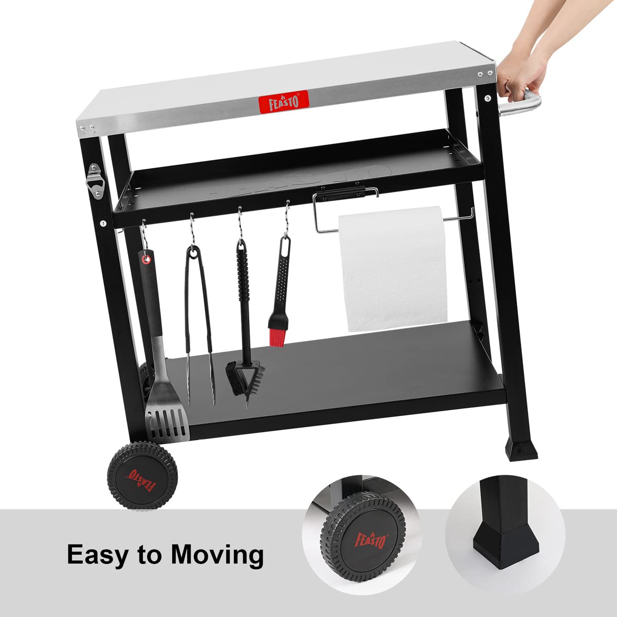 3-Shelf Outdoor Grill Table with Wheels - Portable Pizza Oven Stand for Ooni & Blackstone Griddle (33.5”x21.7”) - Heavy Duty Movable BBQ Cart for Indoor & Outdoor Cooking - Perfect for Backyard, Patio, Camping and Tailgating Parties