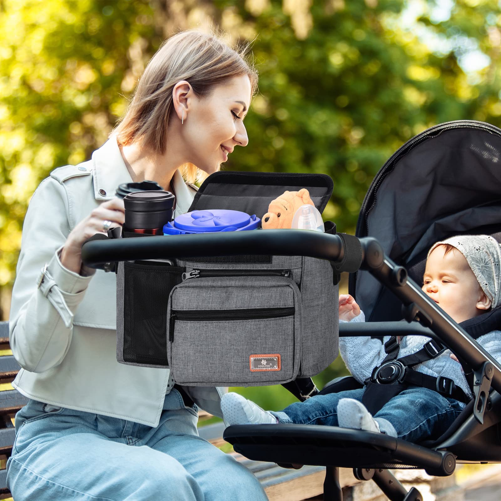 Universal Baby Stroller Organizer with Cup Holders & Detachable Storage Bag - Gray Stroller Accessories Caddy for Diapers, Phone, Keys, Toys & Snacks - Perfect for Park Outings, Shopping Trips & Family Walks