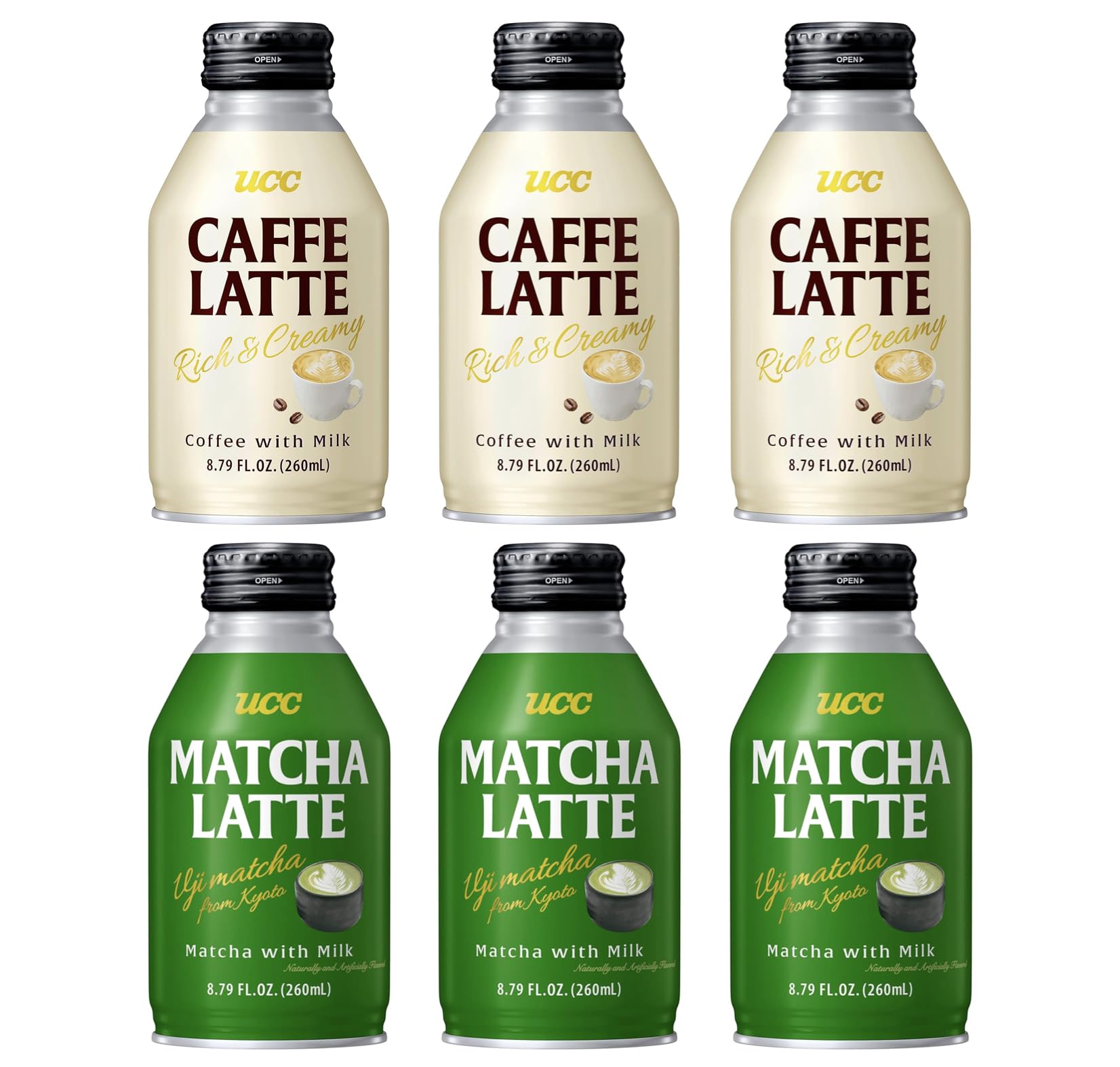 UCC Caffe Latte & Matcha Latte Variety Pack - 8.79 Fl Oz (Pack of 6) | Ready to Drink Coffee & Tea | Imported from Japan | Perfect for Office, Travel & Quick Breakfast
