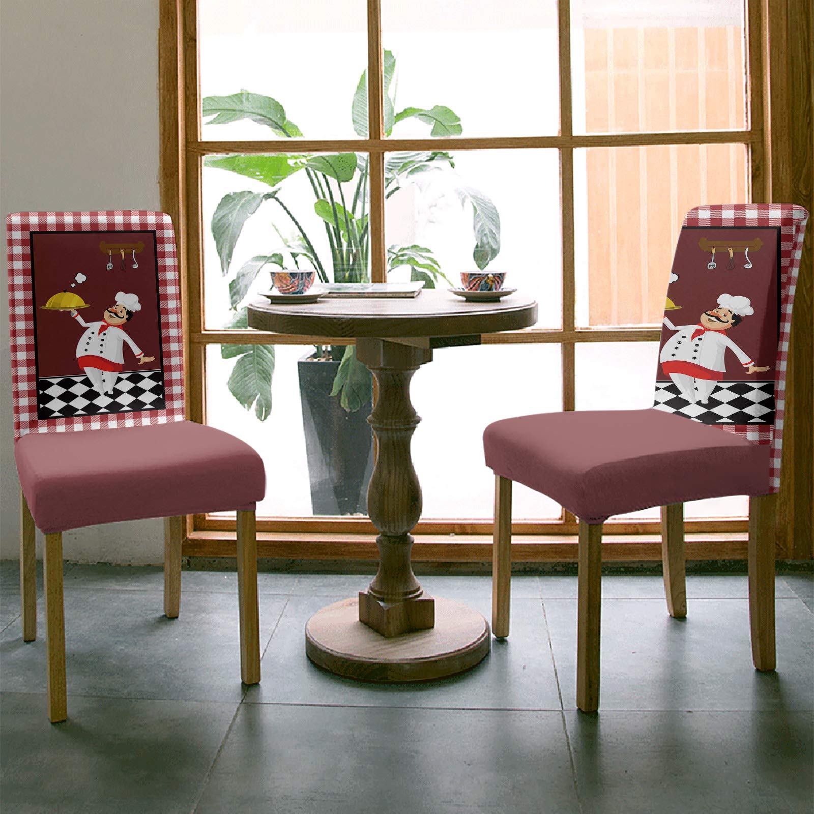 Stretch Washable Chair Slipcovers Set - 6 PCS Red White Check Dining Chair Seat Protectors for Home, Hotel & Ceremony | Kitchen Chef Knives & Forks Included | Perfect for Dining Room, Restaurant & Event Decor