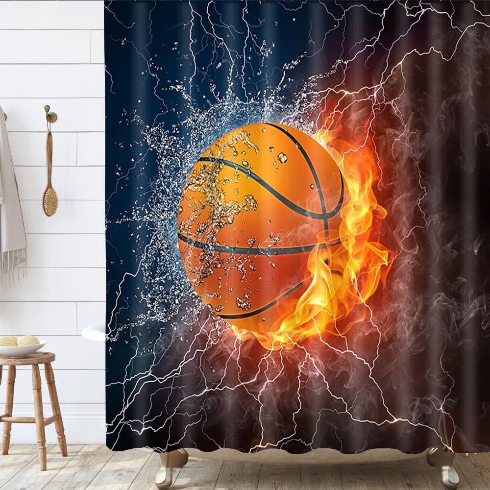 Basketball on Fire Sports Shower Curtain - 72x72 Inch Waterproof Polyester Bathroom Decor with 12 Hooks for Teen Boys & Men - Perfect for Basketball Fans' Bathroom, Dorm, or Locker Room