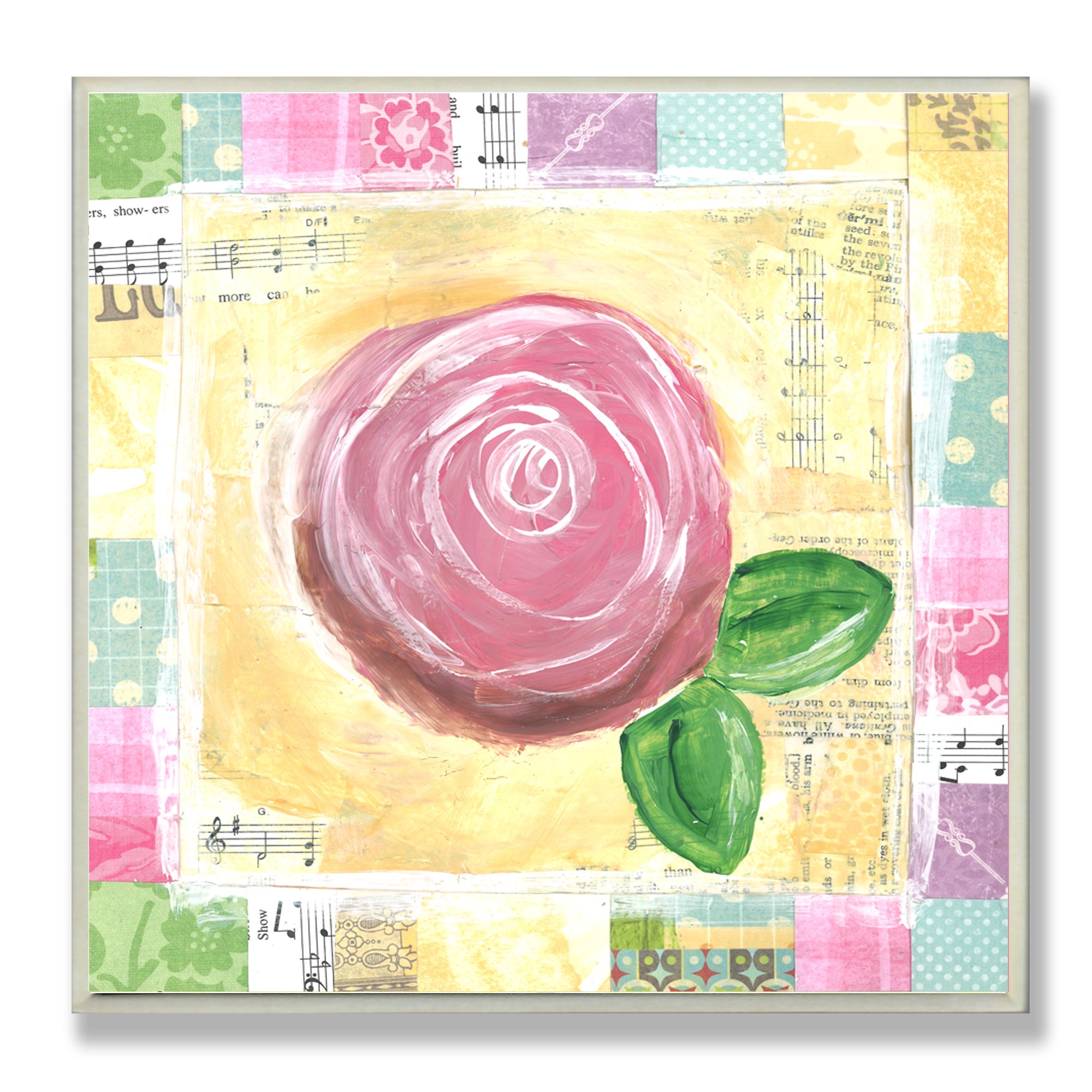 Stupell Pink Rose Patchwork Border Square Wall Plaque - Elegant Floral Decor for Kids Room, Nursery, Bedroom & Playroom
