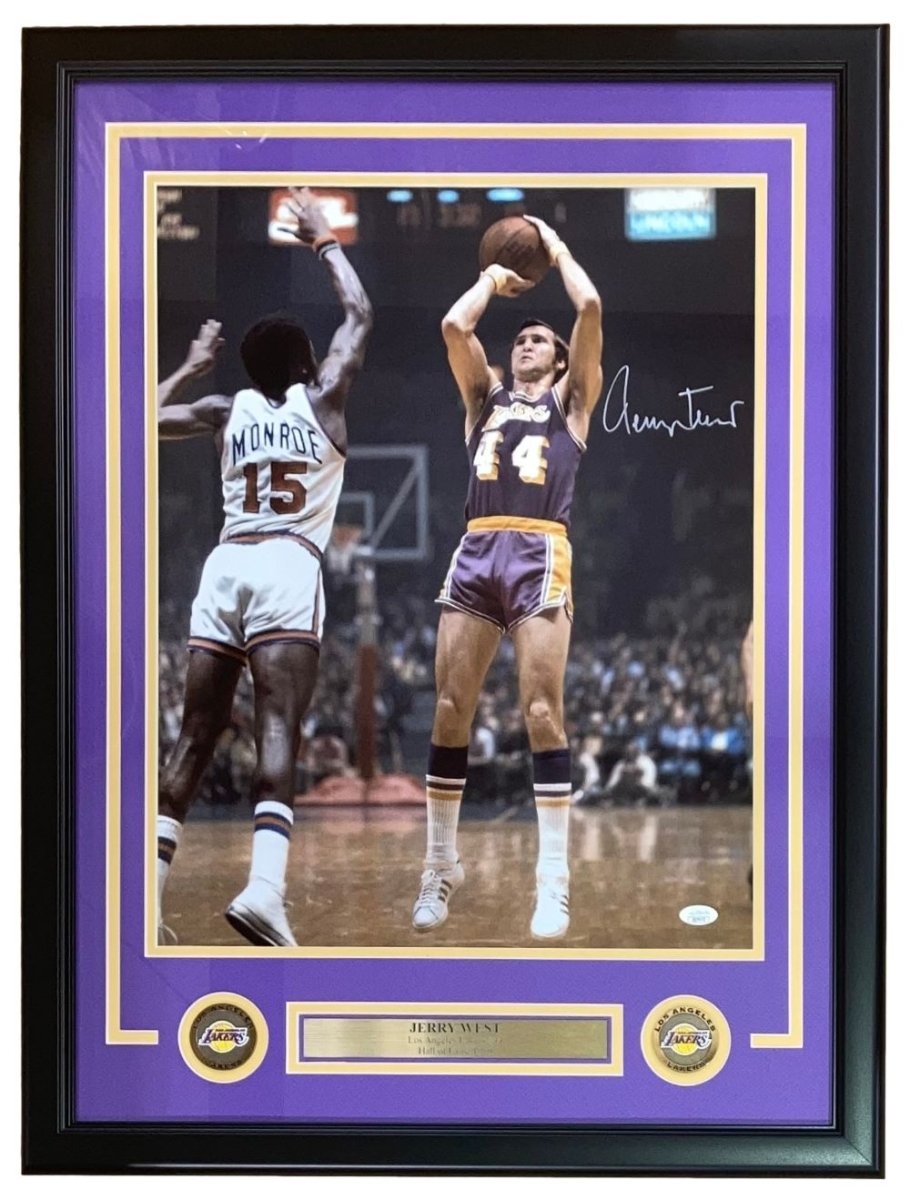 Jerry West Autographed 16x20 Framed Los Angeles Lakers Basketball Photo with JSA COA - Perfect for Sports Memorabilia Collectors & Lakers Fans