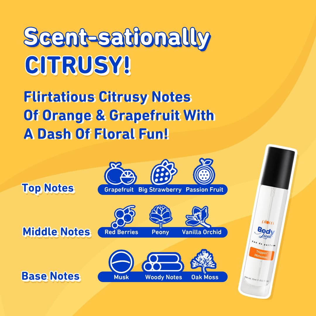 Plum BodyLovin' Trippin' Mimosas Eau De Parfum | Long-Lasting Citrus Perfume with Grapefruit, Berries & Vanilla Notes | Unisex Luxury Fragrance for Women & Men | Travel-Size 15ml | Perfect for Date Nights, Office Wear & Special Occasions