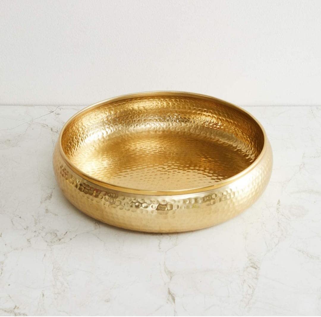 Antique Round Hammered Traditional Potpourri Bowl - Handcrafted Decorative Urli Bowl for Home Decor, Floating Flowers & Tea Light Candles | Diwali & Festival Decoration | Metallic Gold Finish | 12 Inch | Perfect for Centerpieces, Wedding Decor & Aromatherapy