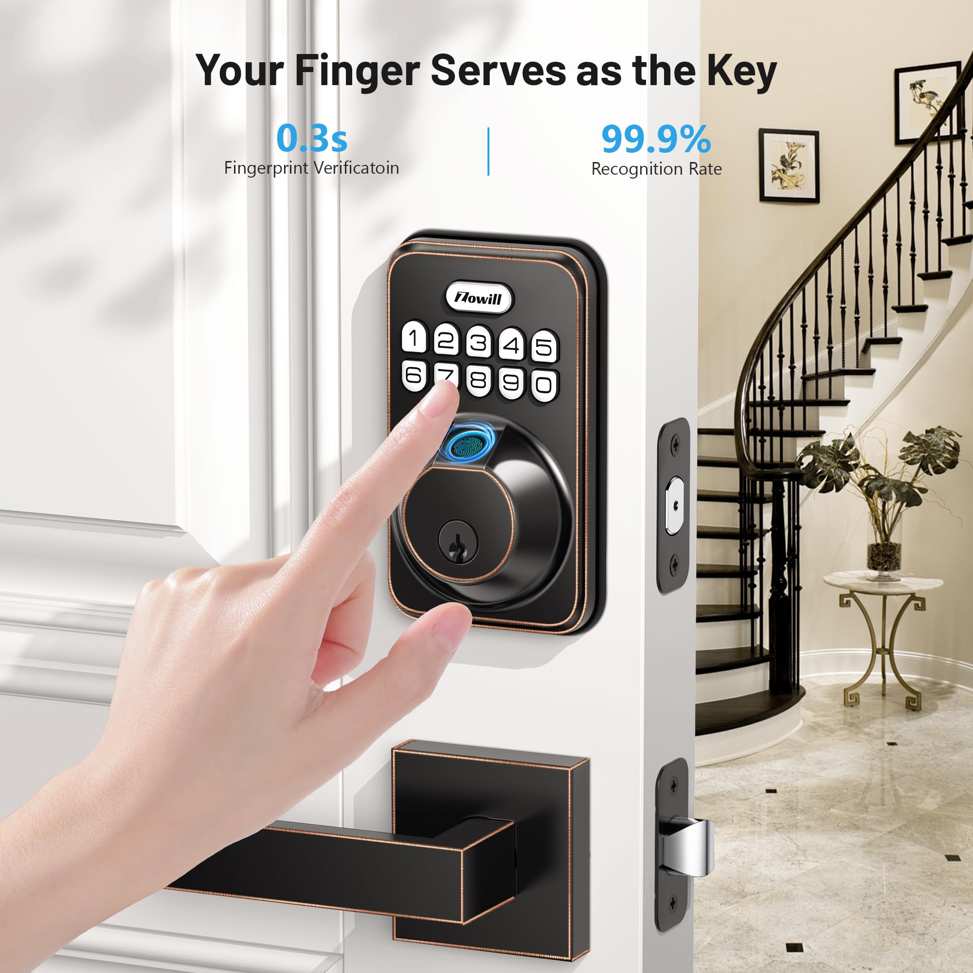 Zowill DK02A-L Smart Fingerprint Front Door Lock Set with 2 Handles - Auto Lock & One-Touch Lock, Easy Installation, Electronic Keypad Deadbolt, Keyless Entry Door Lock for Home Security | Perfect for Apartments, Houses & Vacation Homes