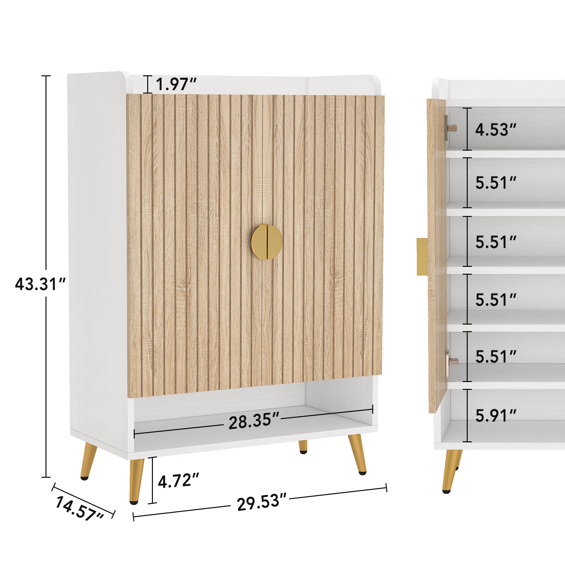 Tribesigns 7-Tier Wooden Shoe Cabinet with Adjustable Shelves & Doors - Modern Shoe Storage Organizer for Entryway, Hallway, Closet, Living Room - Gold Accent Wooden Shoe Rack for Home Organization & Space Saving