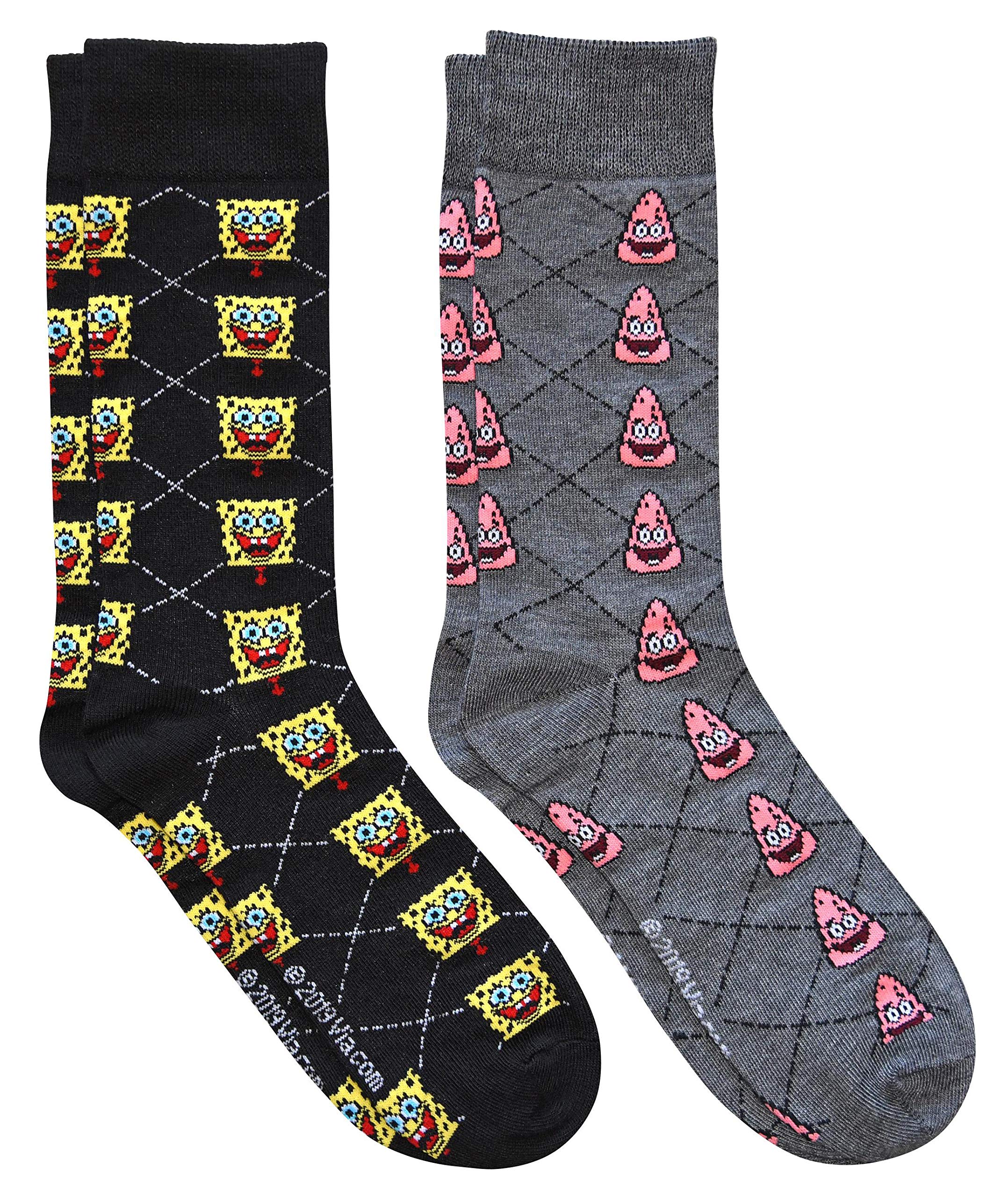 Spongebob Squarepants & Patrick Argyle Men's Crew Socks 2-Pack - Cartoon Character Socks for Fans, Gift Ideas, Casual Wear & Cosplay Accessories