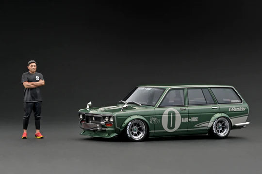 1:18 Scale Datsun Bluebird 510 Wagon Diecast Model Car - Green Metallic Finish with Jun Imai Figure | Collectible Vintage Japanese Car Replica for Display & Racing Enthusiasts | Perfect for Home Office Decor, Car Shows & Gift Giving