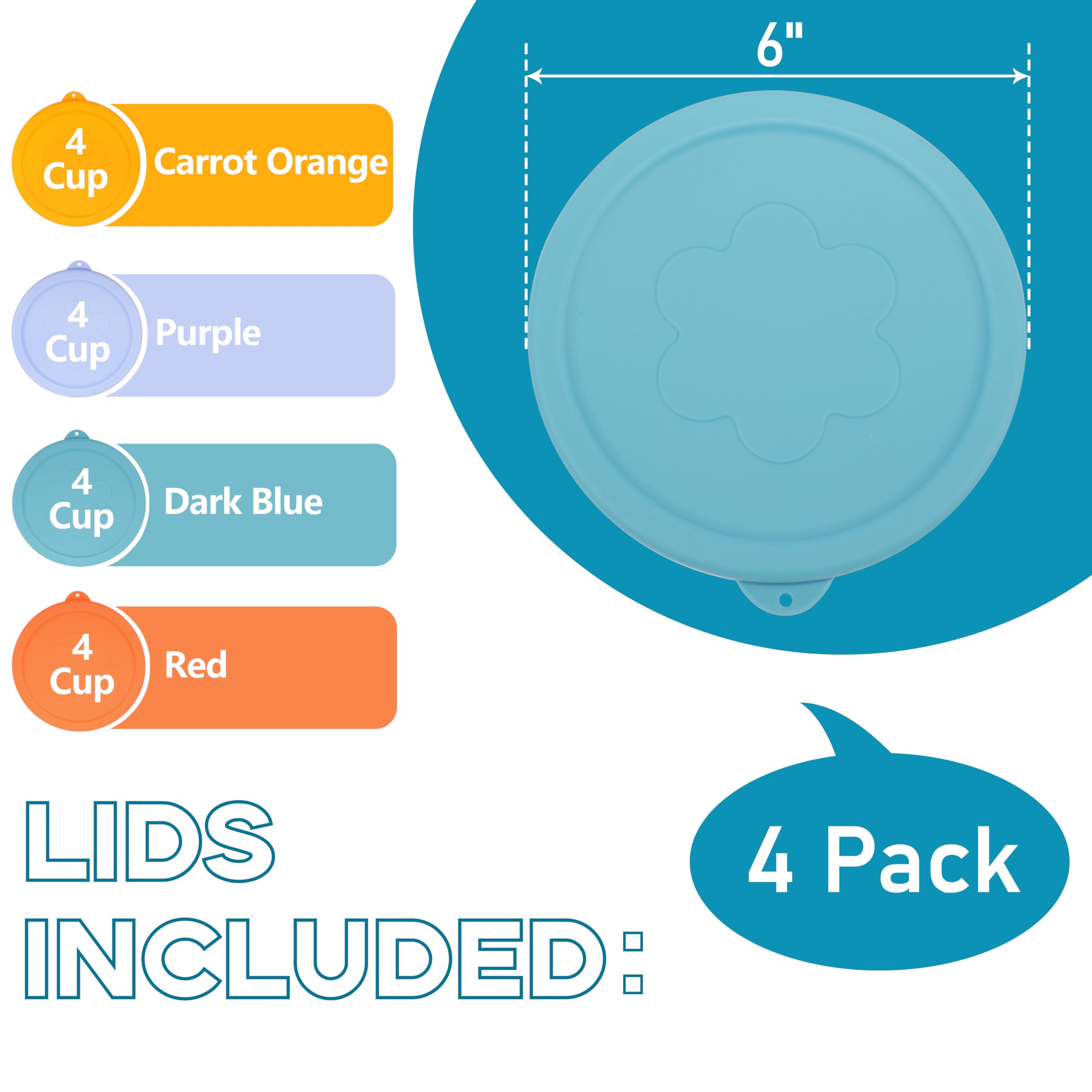 4-Pack Silicone Replacement Lids for Pyrex 7201-PC Glass Bowls - Microwave, Dishwasher & Freezer Safe - Perfect for Food Storage, Meal Prep & Leftovers (Container Not Included)