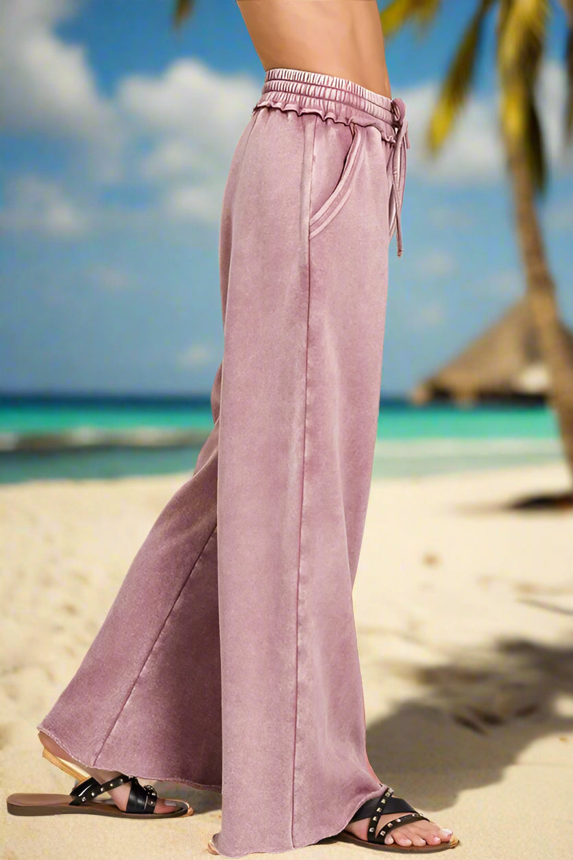 Acid Wash Pink Fleece Palazzo Sweatpants with Pockets - Women's High Waisted Loose Lounge Pants for Yoga, Travel & Home Comfort