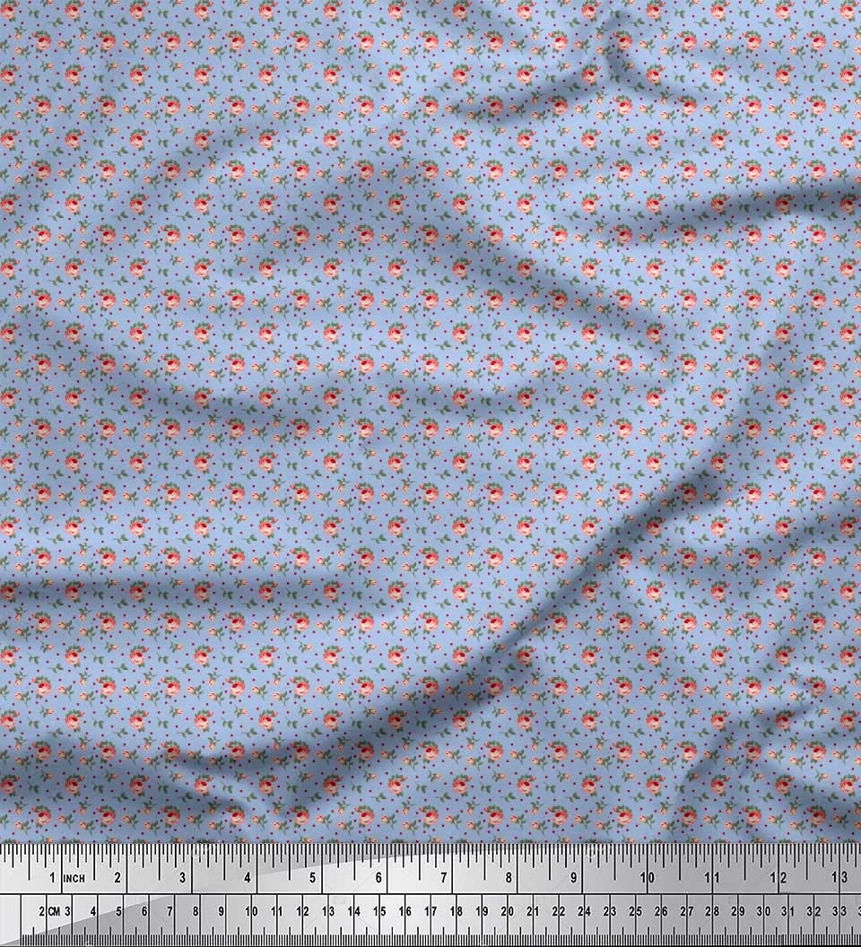 Soimoi Poly Georgette Blue Fabric by The Yard - 52 Inch Wide Printed Fabric with Romantic Dot, Leaves & Rose Patterns - Perfect for Dresses, Scarves, Curtains & DIY Craft Projects