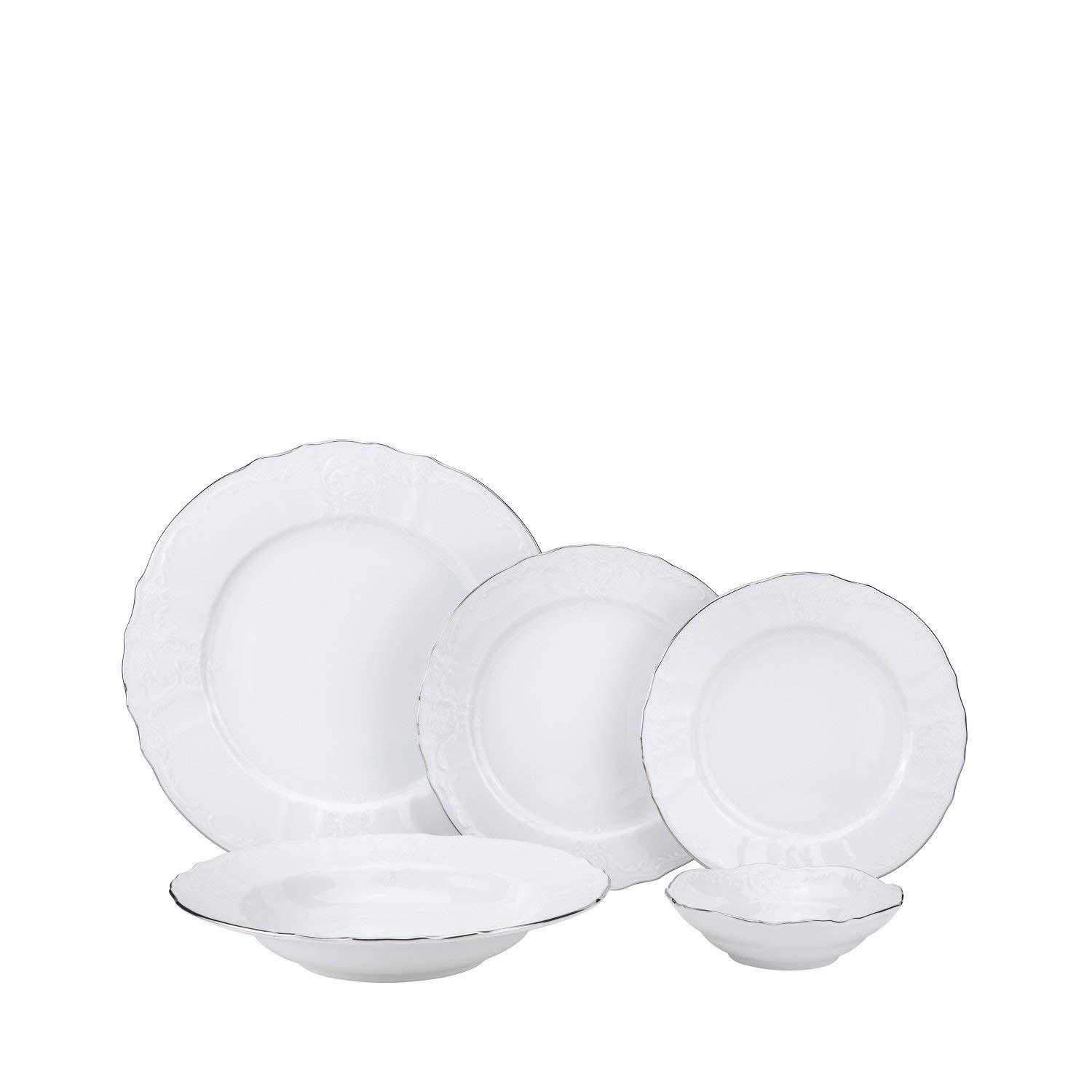 Luxury 20-Piece Euro Porcelain Dinnerware Set with Platinum Silver Trim - Bernadette White Fine China for 4 - Elegant Tableware for Formal Dining, Weddings & Special Occasions