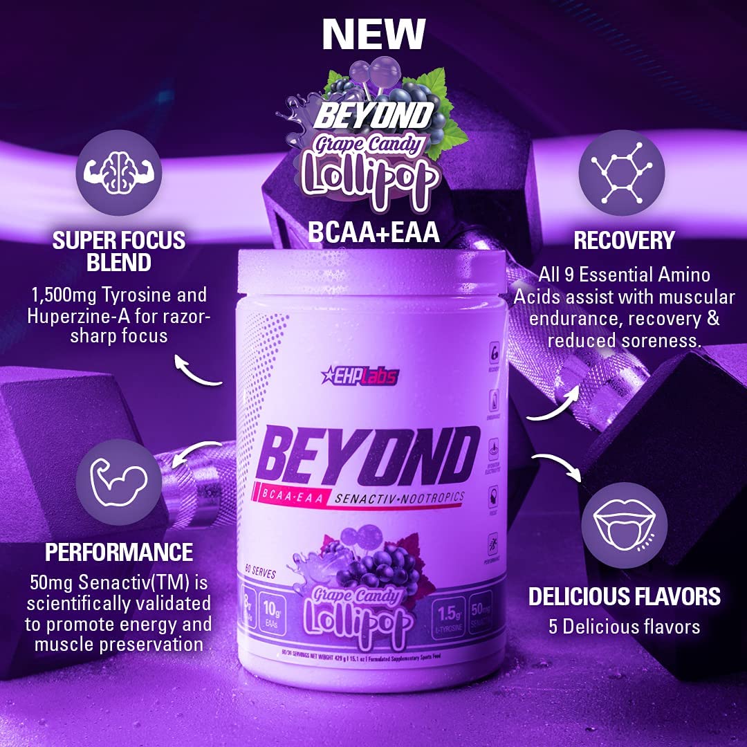 EHP Labs Beyond BCAA Powder - 10g Amino Acids Supplement for Muscle Recovery & Post Workout - Essential BCAAs & EAAs with Grape Candy Flavor (60 Servings) | Ideal for Gym, Fitness & Athletic Performance Enhancement