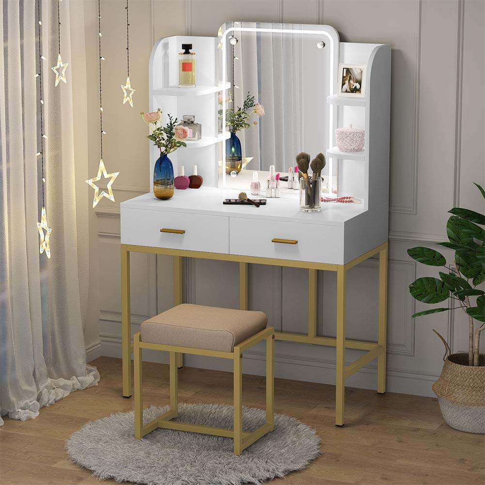 Premium LED Vanity Set with Lighted Mirror & Cushioned Stool - Large Dressing Table with Storage Shelves, 2 Drawers - Gold Makeup Vanity Desk for Bedroom, Beauty Room & Boudoir - Perfect for Makeup Application, Skincare Routine & Home Decor