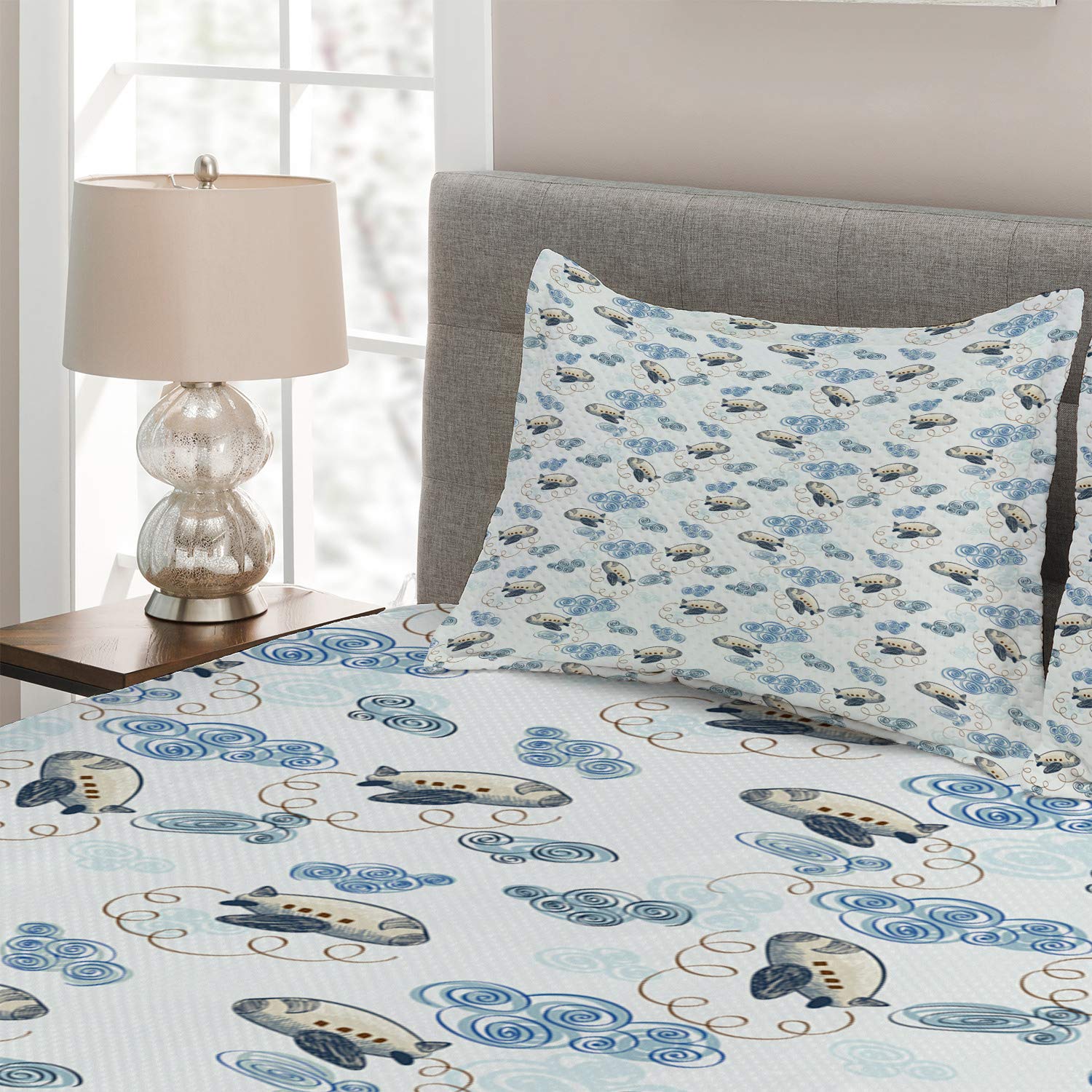 Ambesonne Airplane Quilt Set - Hand Drawn Sky Design with Clouds, 3-Piece King Size Bedspread & 2 Pillow Shams, Dark Blue Grey Eggshell - Perfect for Aviation Themed Bedrooms & Travel Enthusiasts