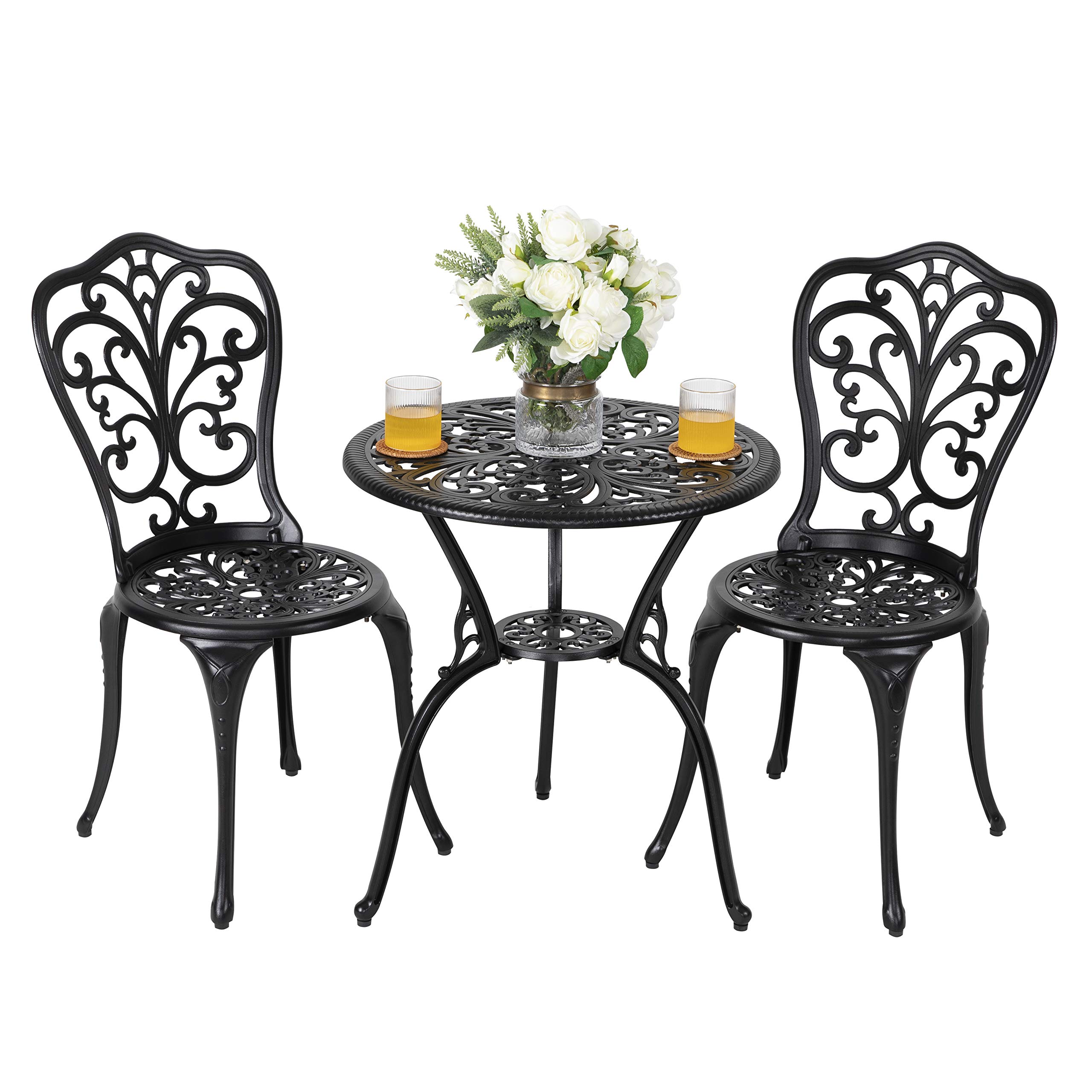 Nuu Garden Bistro Table Set - 3-Piece Outdoor Patio Furniture with Umbrella Hole, Weather-Resistant Aluminum for Yard, Balcony, Porch (Black) - Perfect for Outdoor Dining, Lounging, and Entertaining