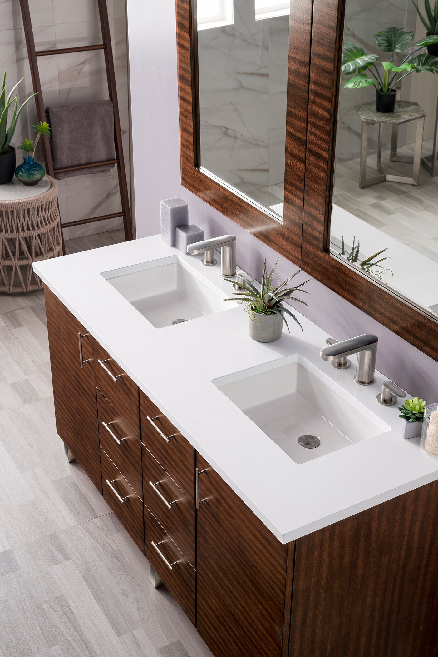 Metropolitan 60 Inch Double Bathroom Vanity with American Walnut Finish & 3CM Classic White Quartz Countertop - Perfect for Master Bathrooms, Guest Suites & Luxury Home Renovations