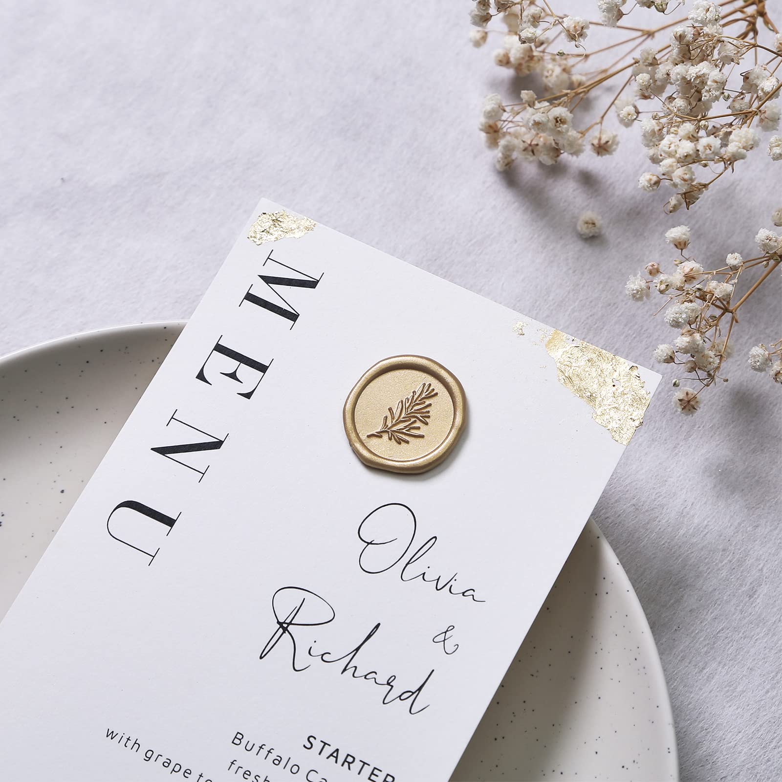 UNIQOOO Wax Seal Stickers - 100 Pcs Self-Adhesive Metallic Light Gold Wedding Invitation Seals, Elegant Rosemary Design for Envelopes, Gifts, Christmas Wrapping & DIY Crafts | Perfect for Weddings, Parties, Stationery & Scrapbooking Projects