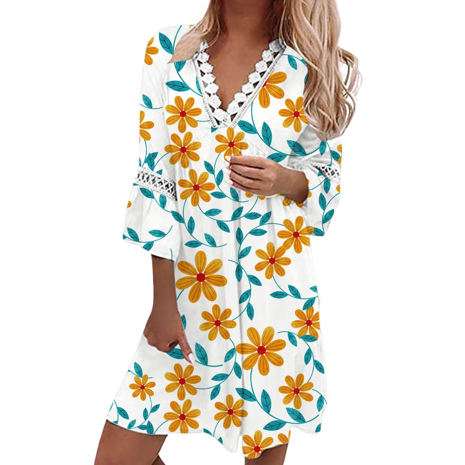 Aniywn Women's Boho Summer Dresses 2024 - Floral Print V-Neck Drawstring Mini Sundress with Lantern Sleeves | Beach Vacation, Outdoor Picnic, Casual Wear