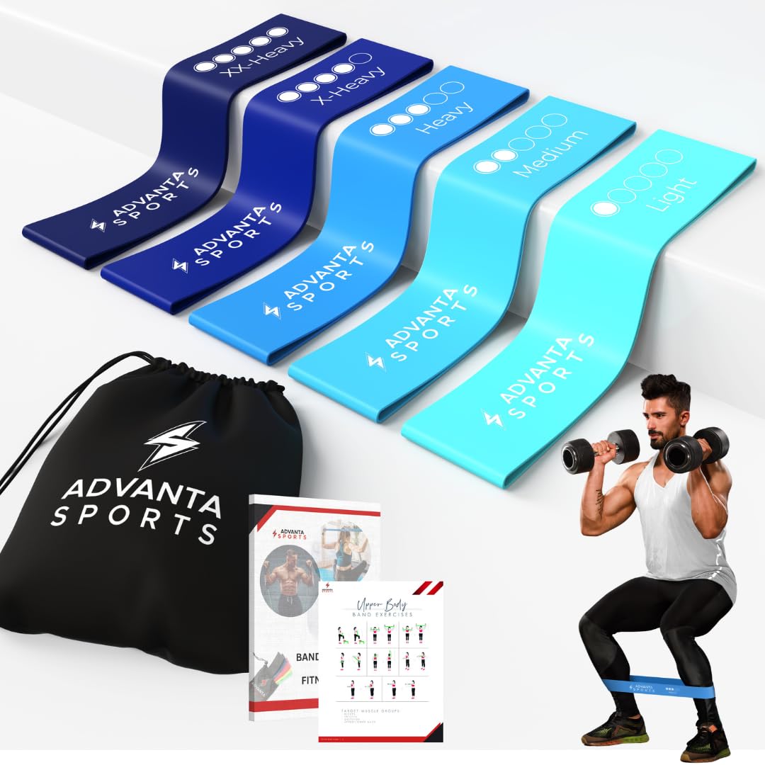 Advanta Sports Resistance Loop Exercise Bands Set of 5 - Premium Latex Fitness Bands for Home Workouts, Yoga, Pilates & Physical Therapy - Includes Carry Bag & PDF Guide - Perfect for Strength Training, Stretching & Rehabilitation