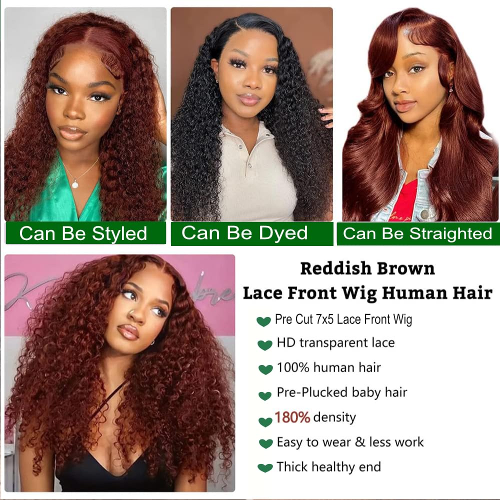 KLAIYI Bye Bye Knots Wig - Reddish Brown Curly 7x5 Invisible Knots Pre Cut HD Lace Front Human Hair Wig | Wear & Go Glueless Deep Curly Wave | Pre Plucked Bleached Knots 180% Density 16 Inch | Perfect for Daily Wear, Parties & Special Occasions