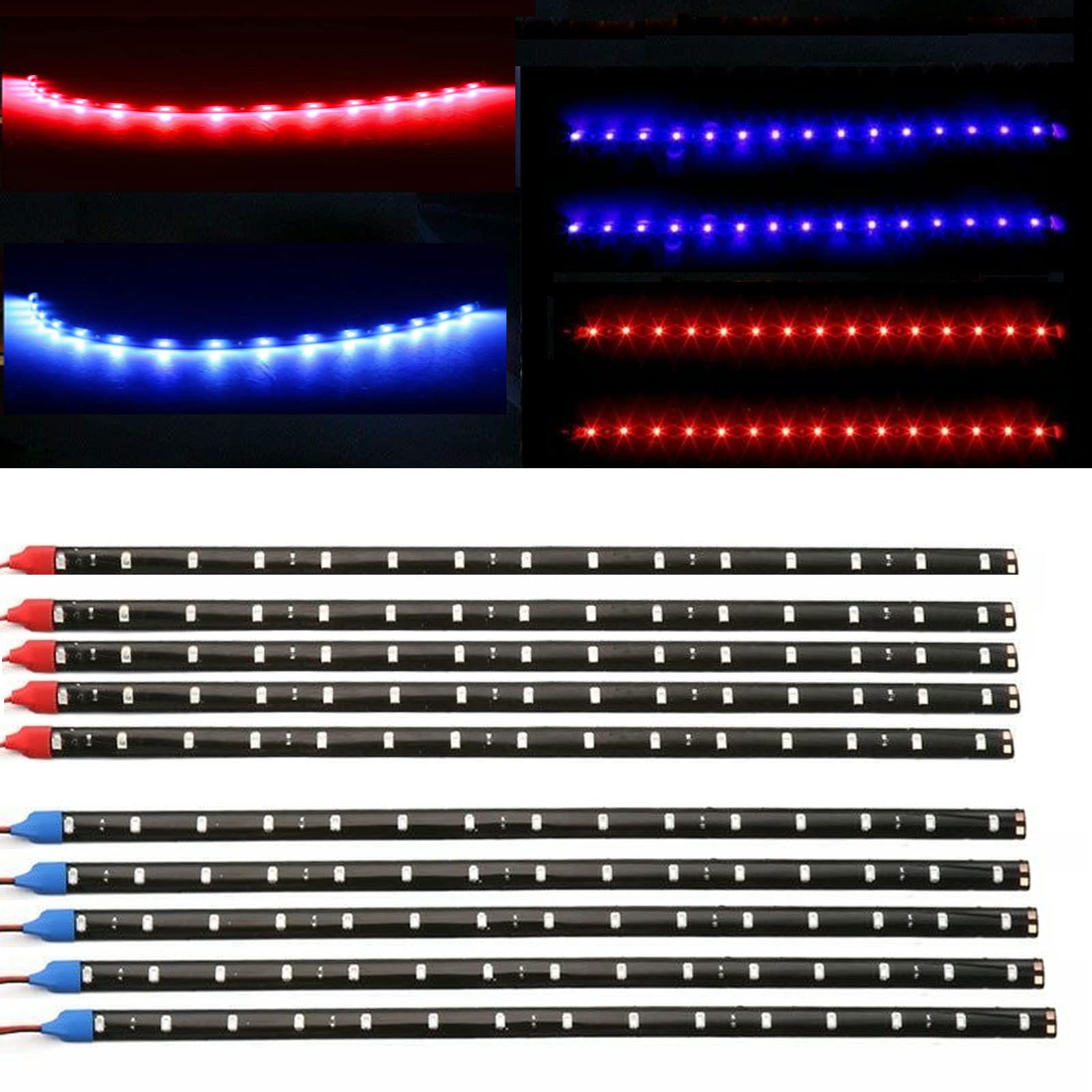 10PCS 30cm 12V Waterproof Car LED Strip Lights - 15 LEDs per Strip for Interior & Exterior Underglow Decoration - Perfect for Trucks, Bars, Golf Carts, Motorcycles & Boats (5 Blue + 5 Red) - Enhance Your Vehicle's Style Day & Night