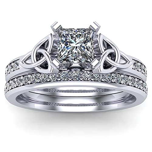 1-2.5ct Princess Cut Moissanite Engagement Ring Set for Women - Platinum Plated Silver Celtic Wedding Band - Anniversary Gift - Size 10 (Perfect for Proposals, Weddings & Special Occasions)