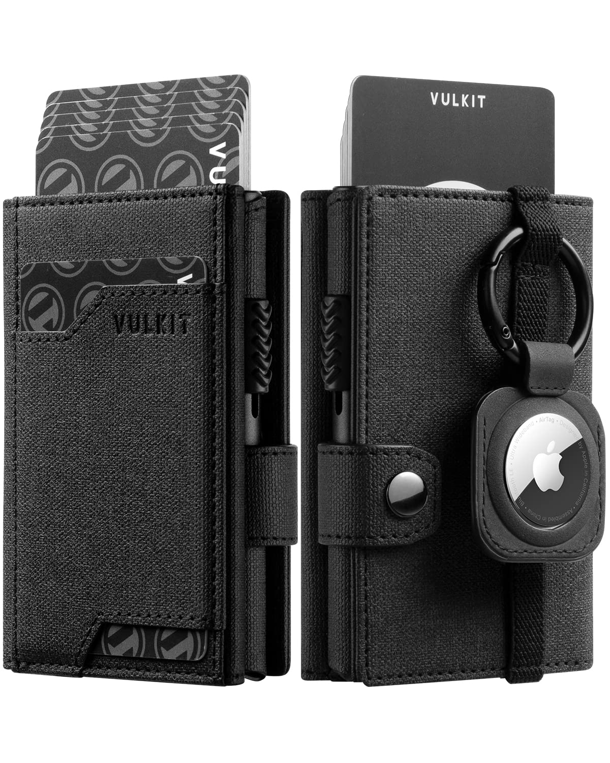 VULKIT RFID Blocking Wallet for Men - Slim Leather Credit Card Holder with Cash Compartment, ID Window & Removable AirTag Holder Keychain - Perfect for Travel, Business & Everyday Use (Black)