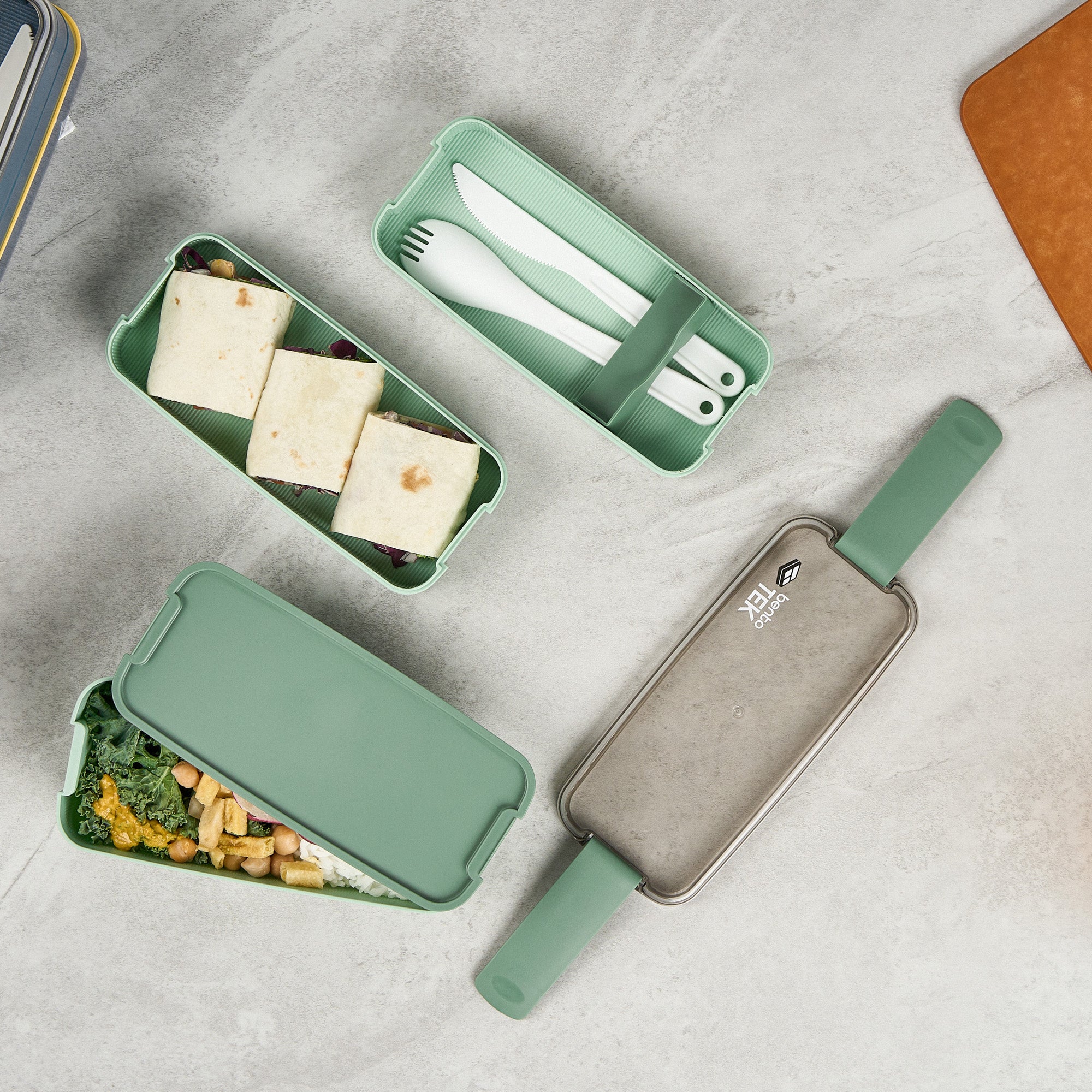Bento Tek 30 oz Green 3-in-1 BPA Free Lunch Box with Fork & Knife - Microwave Safe, Leakproof Food Container (7.5