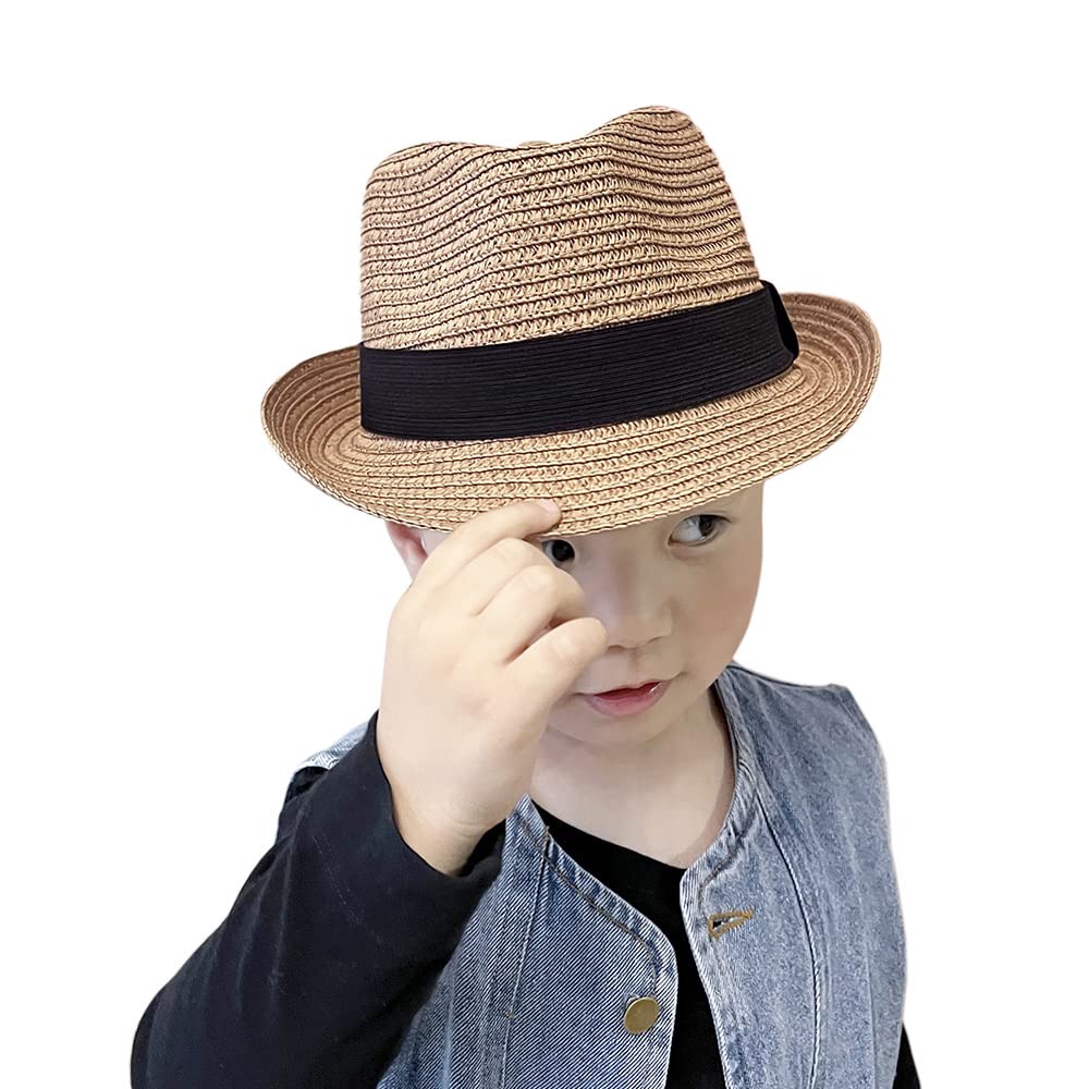 Kids Straw Fedora Sun Hat - Roll Up Short Brim Trilby Panama Beach Hat for Boys & Girls - Perfect for Summer Outdoors, Beach Vacations, and Pool Parties
