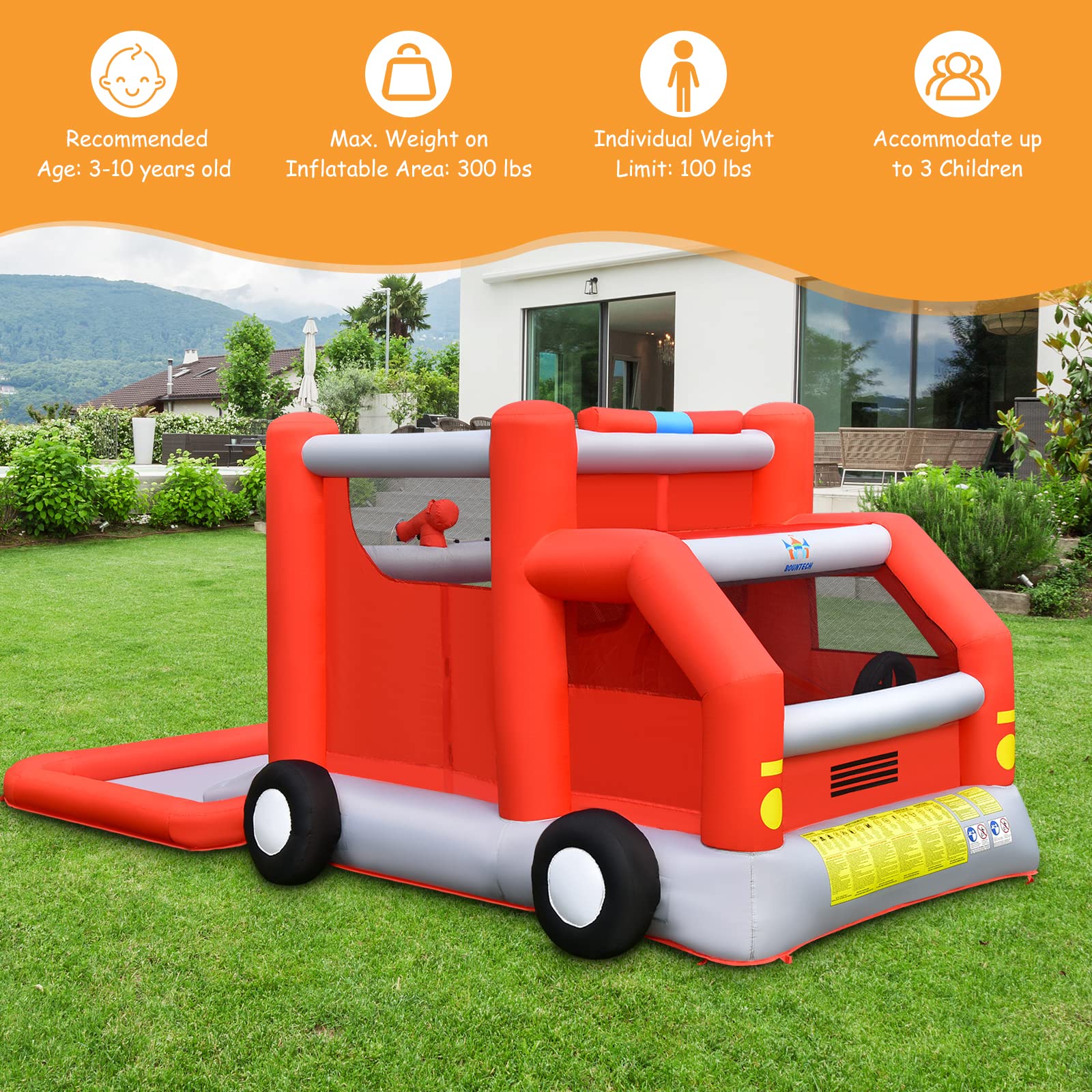 **BOUNTECH Inflatable Water Bounce House - Fire Truck Water Park Bouncy Castle with Slide & Splash Pool, Wet & Dry Combo for Kids Outdoor Play - Perfect for Backyard Birthday Parties, Summer Fun, Boys & Girls Ages 3-12**    *(Use Case: Ideal for backyard parties, summer gatherings, kids' outdoor play, and birthday celebrations!)*