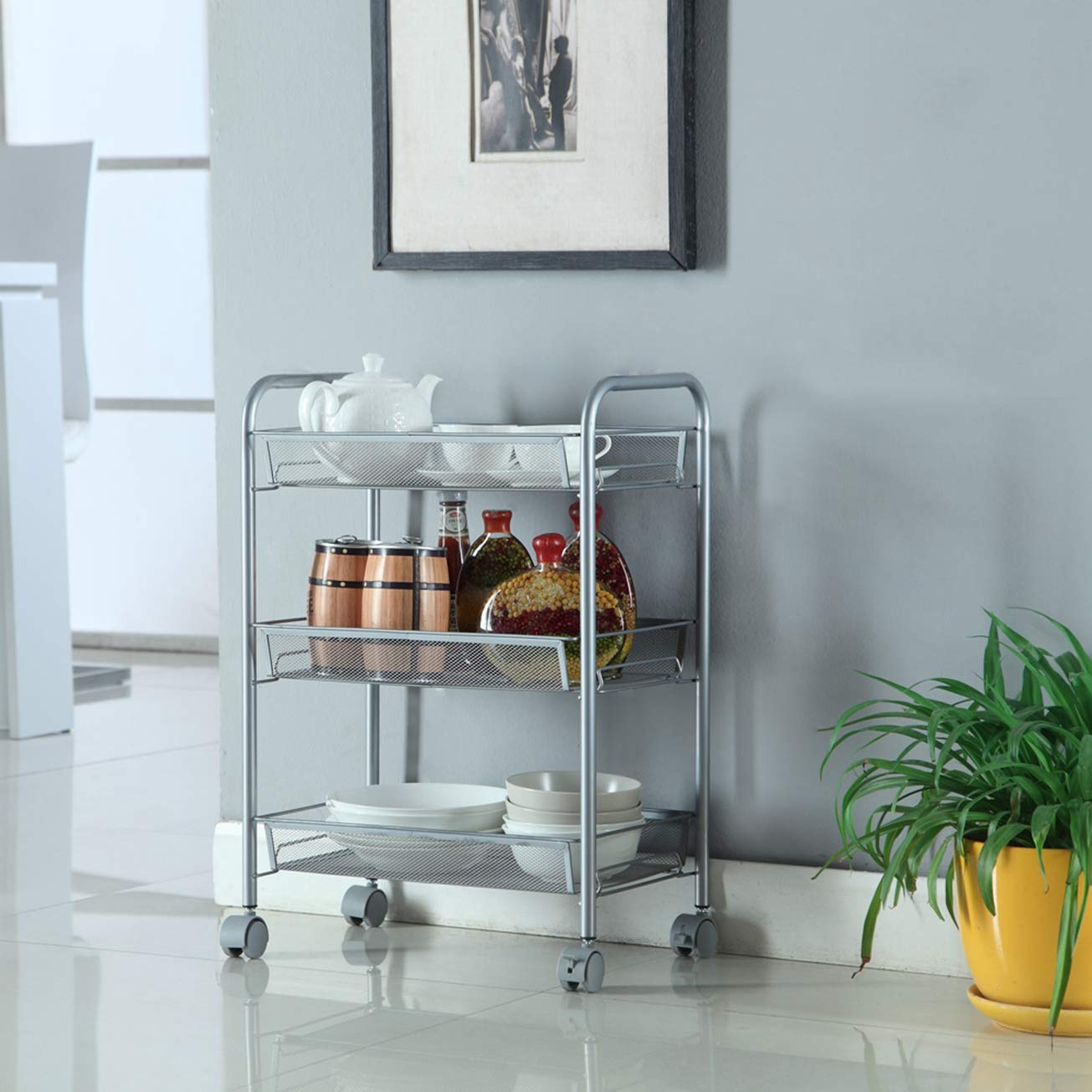 MITPATY Honeycomb Mesh Storage Cart - Silver Removable Utility Organizer Shelf Rack for Kitchen, Bathroom & Living Room | Perfect for Pantry Organization, Bathroom Essentials & Living Room Decor