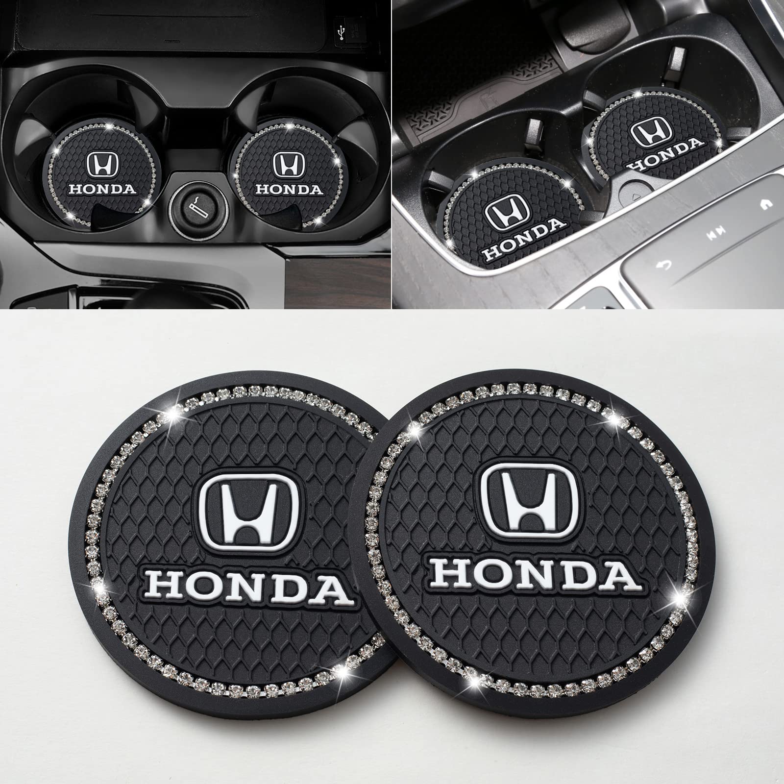 MEYUZAO 2-Pack Silicone Anti-Slip Cup Holder Coaster with Shiny Rhinestone Design - Compatible with Honda Accord, Civic, CR-V EX/EX-L (2.75 Inch, Black) | Perfect for Car Interior Accessories & Drink Spill Protection