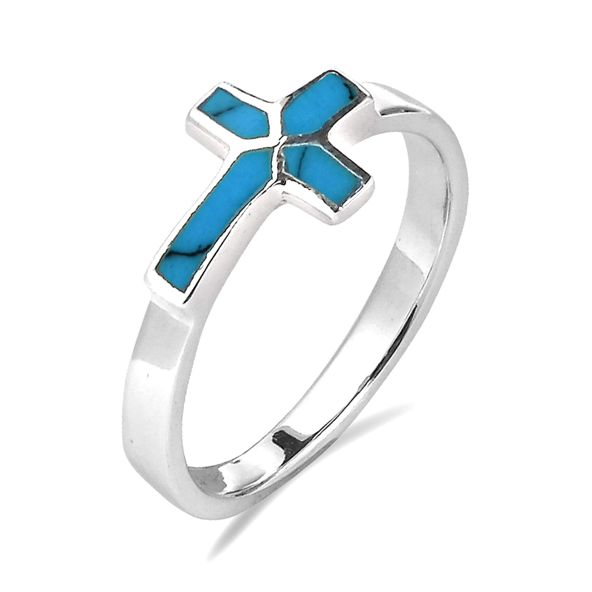 AeraVida Sideways Cross Simulated Turquoise Inlay .925 Sterling Silver Ring for Women | Classic Wedding, Religious Jewelry | Comfort Fit Casual Rings Size 6-9 | Perfect for Church, Daily Wear & Gift Giving